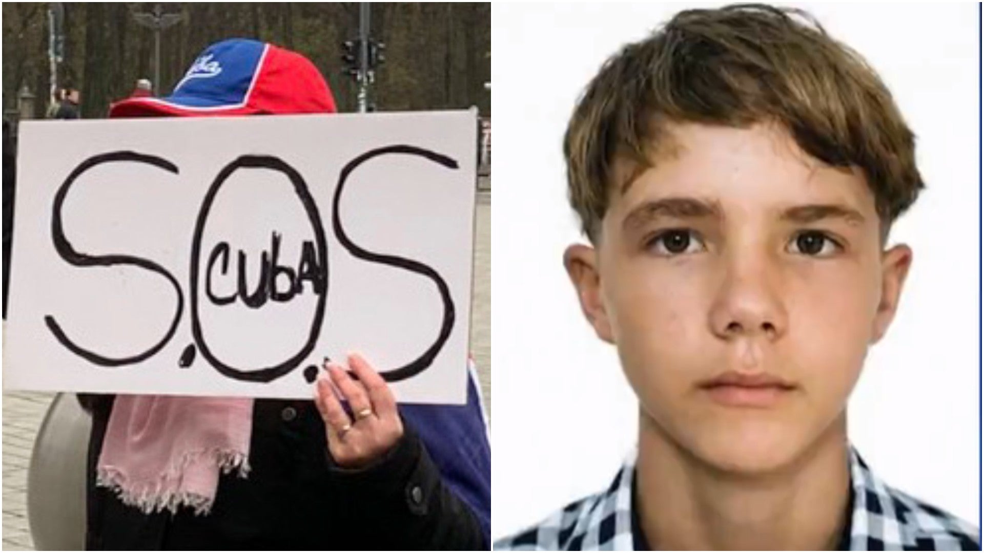 Mujer sostiene cartel en el que se lee: SOS Cuba / Adolescente Jonathan David Muir, actualmente detenido en Morón a manos del régimen de Díaz-Canel - Fotos: EFE / X