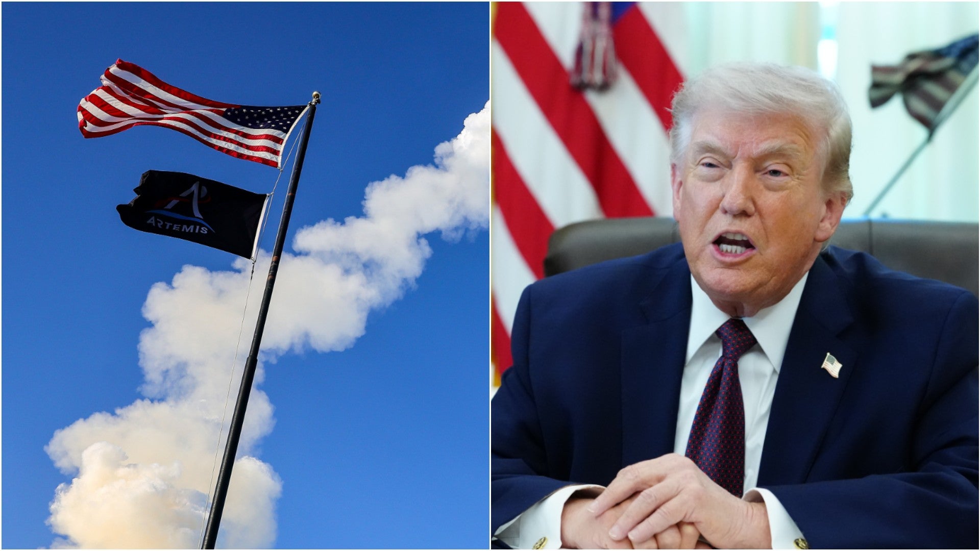 La bandera estadounidense ondea al viento mientras la estela del cohete Space Launch System (SLS) que transporta la cápsula Orion para la misión Artemis II cruza el cielo / Donald Trump, presidente de EE - Fotos: EFE