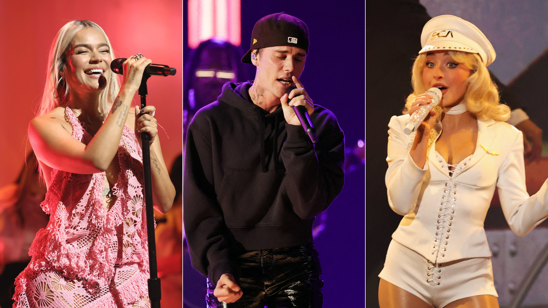 Karol G, Justin Bieber y Sabrina Carpenter | Foto: AFP
