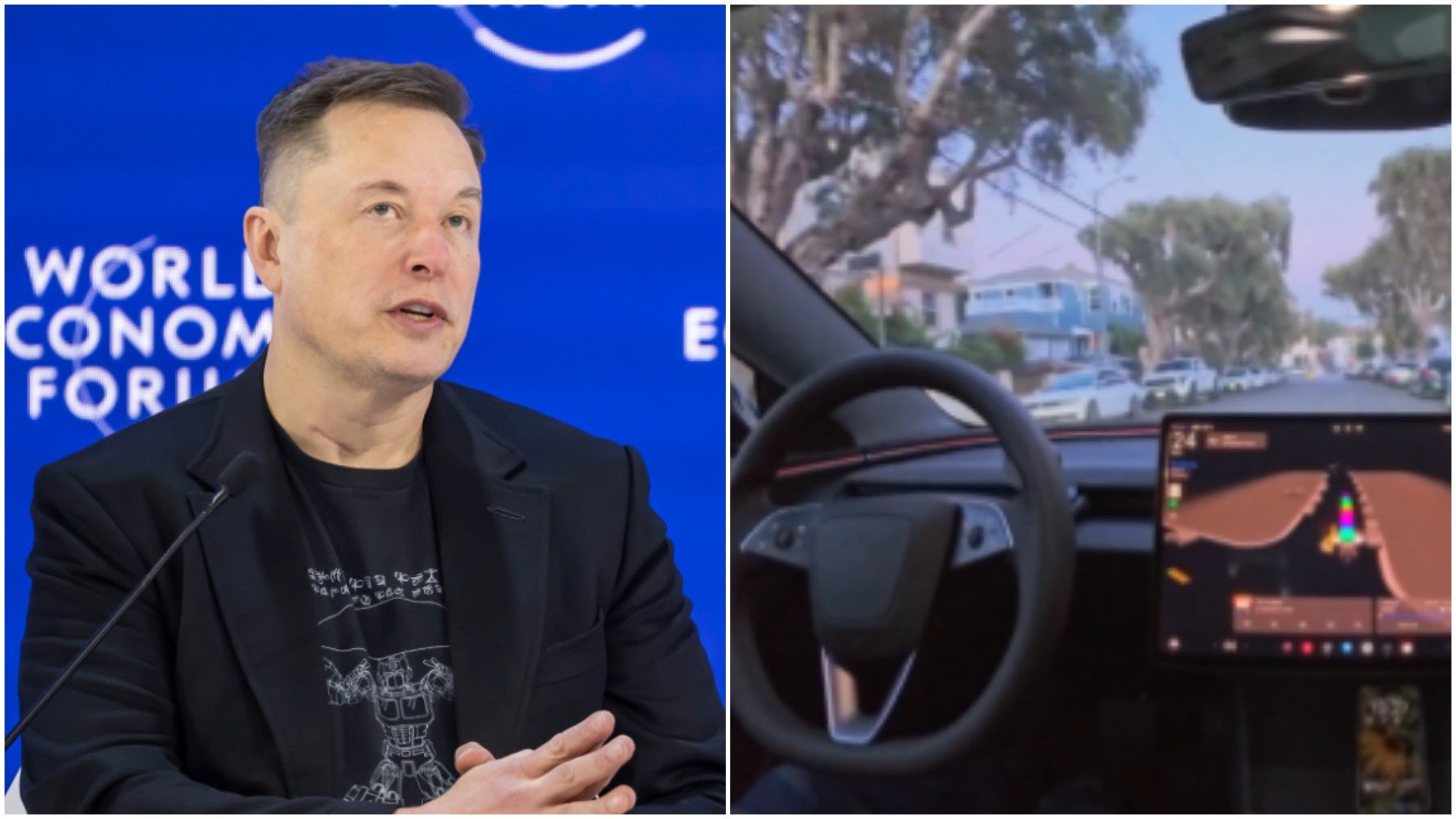 Elon Musk, magnate sudafricano / Vehículo Tesla operando con la versión Full Self-Driving (FSD) v14.3 - Fotos: EFE / X