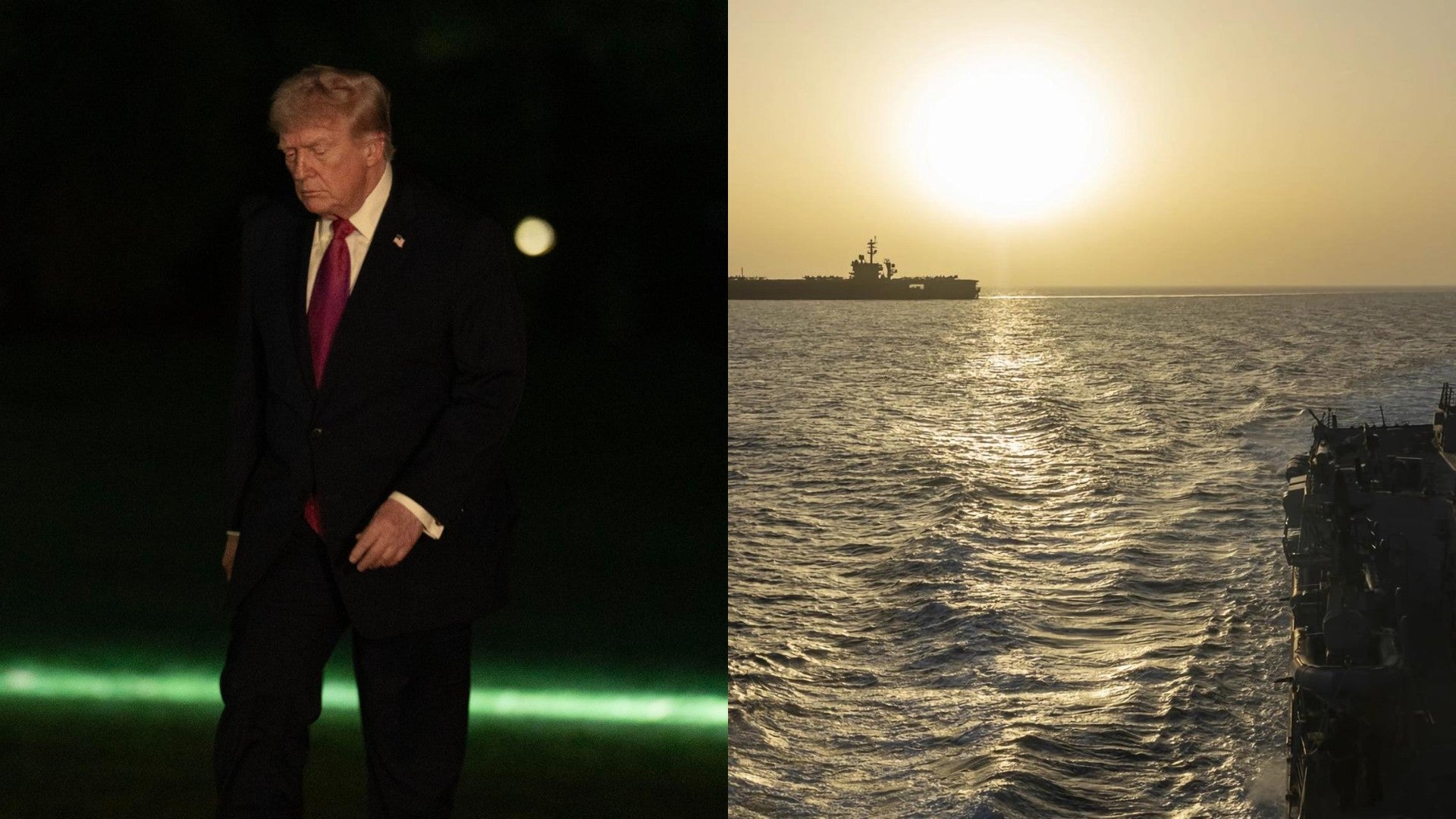 Trump y buque en el estrecho de Ormuz. (EFE)