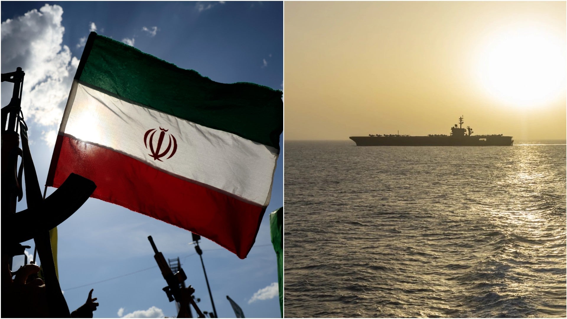 Colaboradores del régimen de Irán con armas en mano y ondeando la bandera de la República Islámica / Barco navegando el Estrecho de Ormuz - Fotos de referencia: EFE