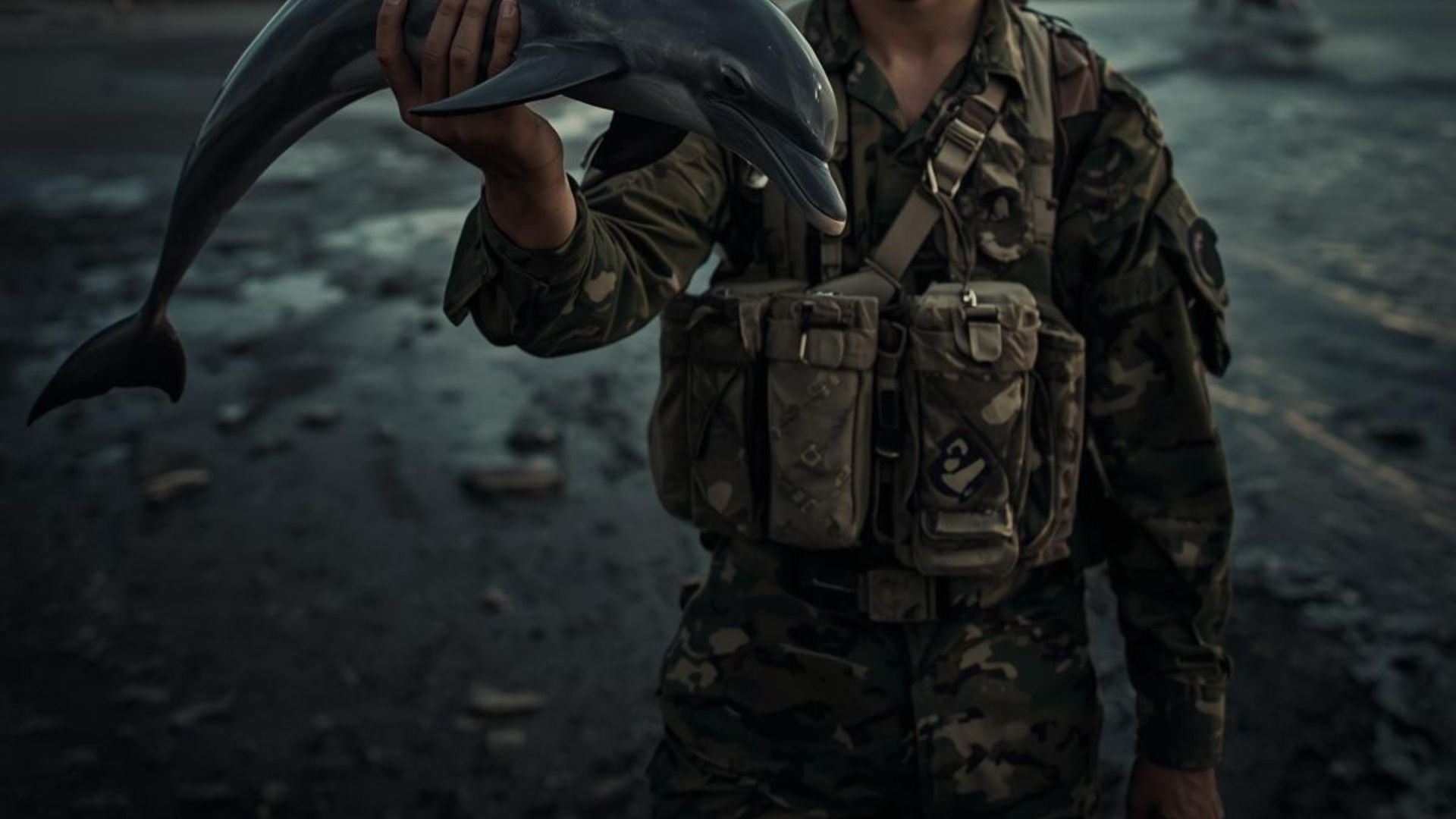 Militar sostiene un delfín - Foto generada con la IA de Canva