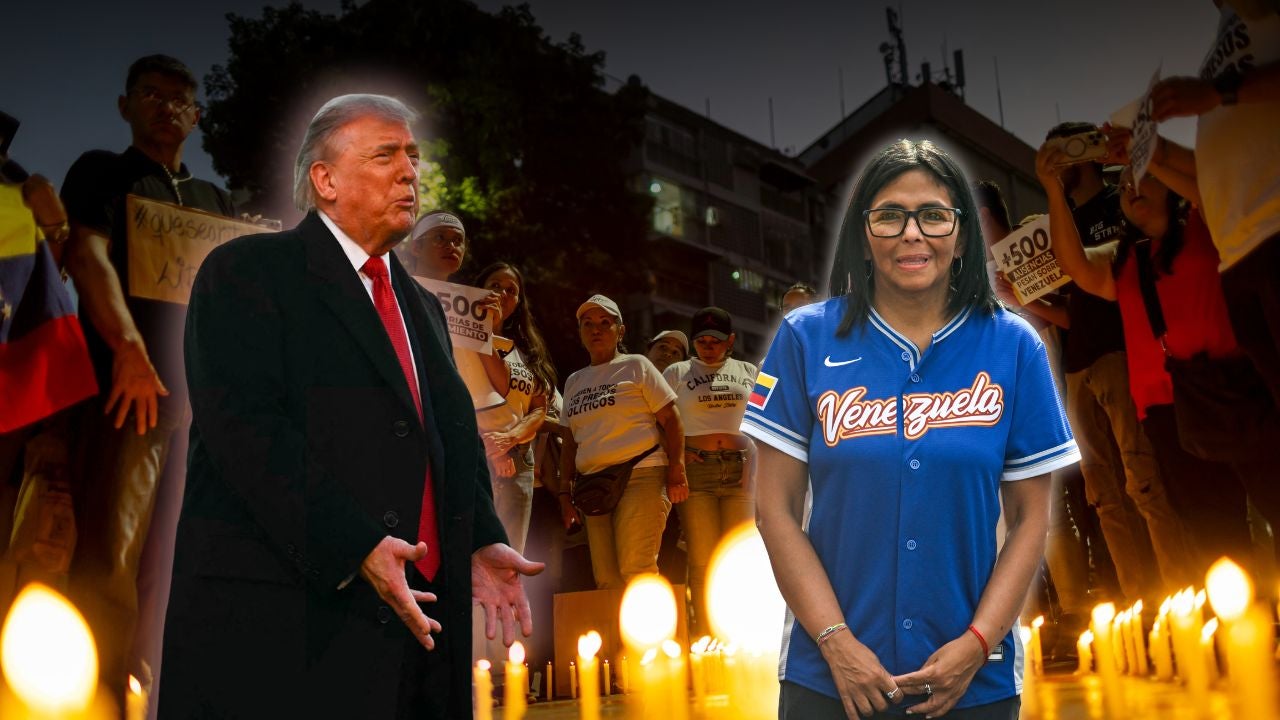 Donald Trump - Foto AFP/ Delcy Rodríguez - Fotos AFP/ Marcha en Venezuela - Foto EFE