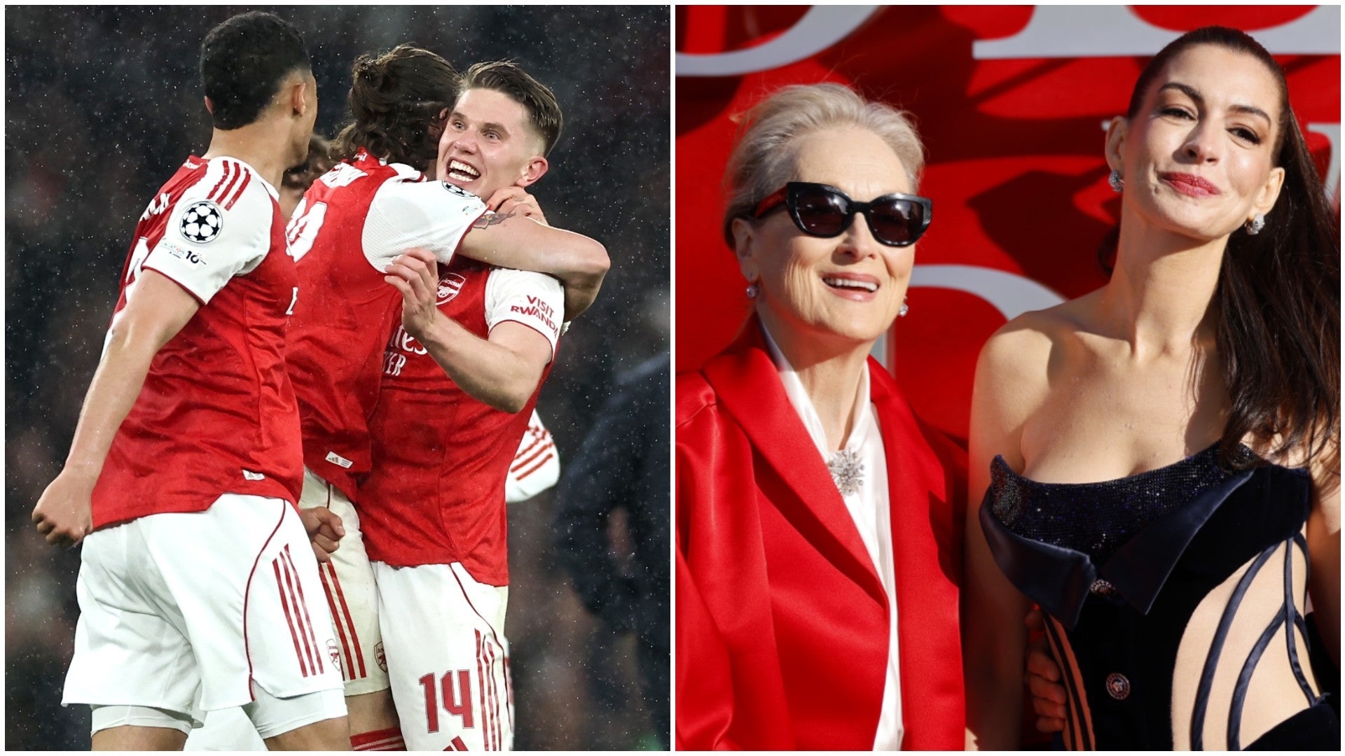 Jugadores del Arsenal FC / Parte del elenco de 'El diablo viste a la moda' - Fotos: EFE