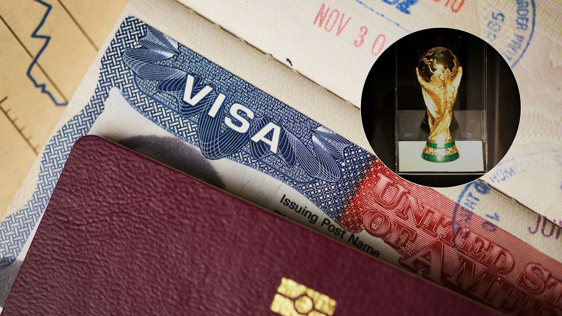 Visa de EE.UU. y trofeo de la Copa del Mundo - Fotos: AFP / Canva