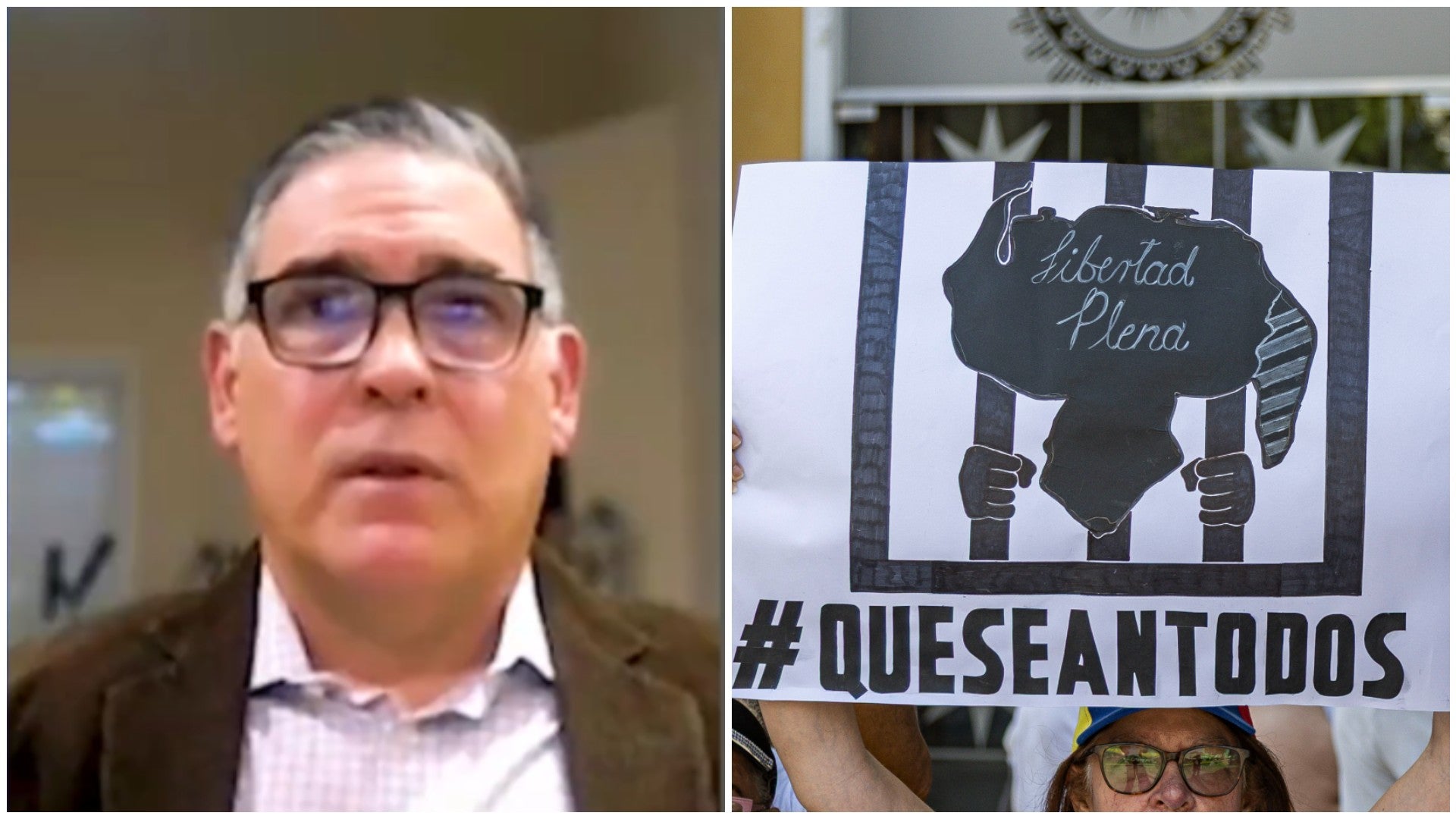 Luis de la Sotta, capitán de Navío y exprisionero político venezolano / Mujer sostiene un cartel como forma de protesta para que liberen a todos los presos políticos en Venezuela - Fotos: NTN24 / EFE