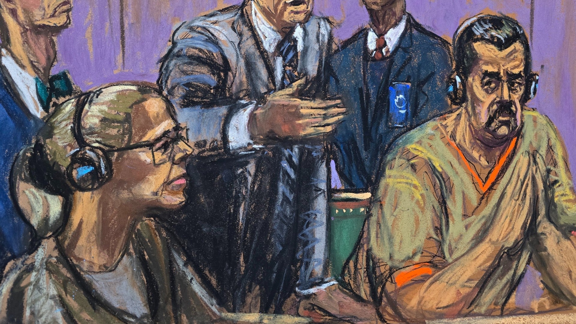 Ilustración del dictador Nicolás Maduro, junto a su esposa Cilia Flores, durante su comparecencia ante un tribunal federal en Nueva York - Foto de referencia: EFE
