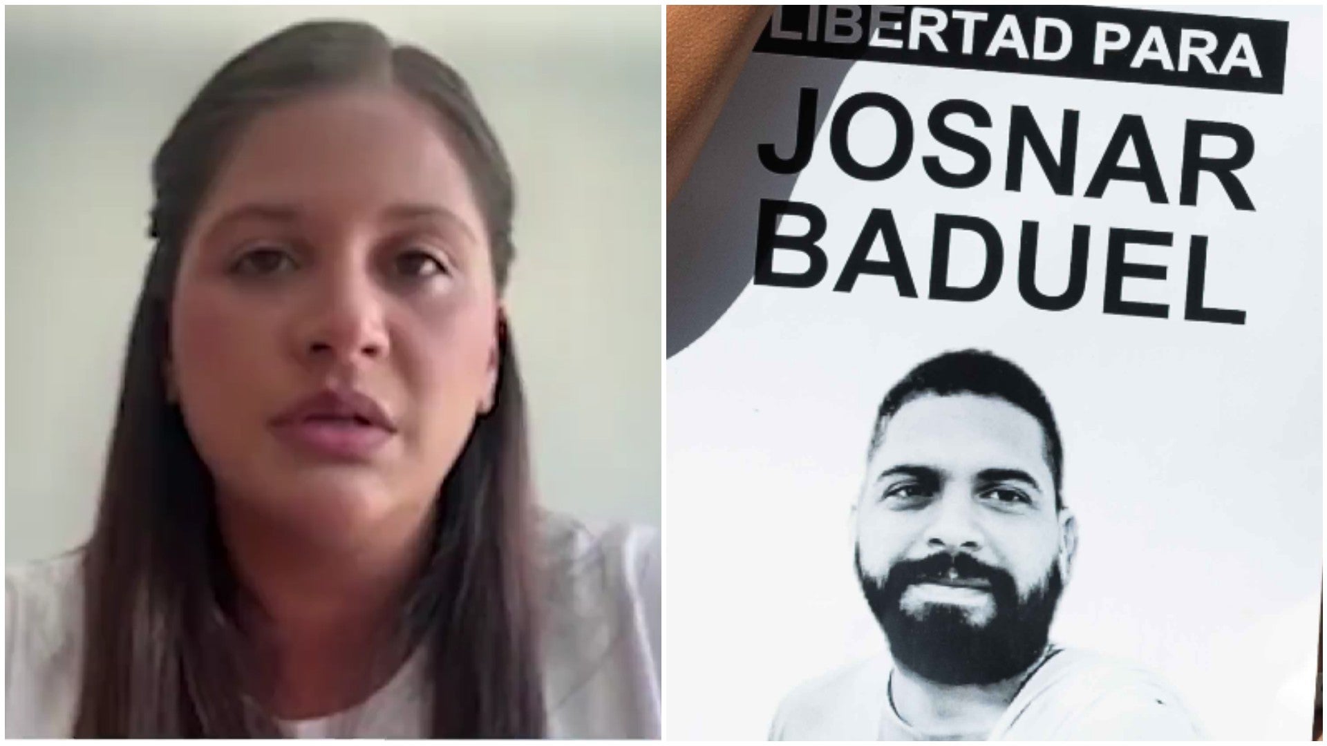 Margareth Baduel, activista de derechos humanos, hermana del preso político venezolano Josnar Baduel e hija del general fallecido Raúl Isaías Baduel / Cartel con el que manifestantes piden por la liberación de Josnar Baduel - Fotos: NTN24 / EFE