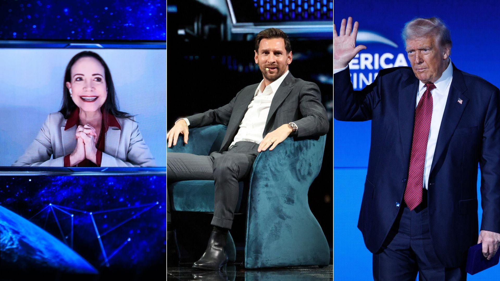 María Corina Machado/ Donald Trump en ABF - Fotos EFE/ Lionel Messi en ABF - Foto AFP