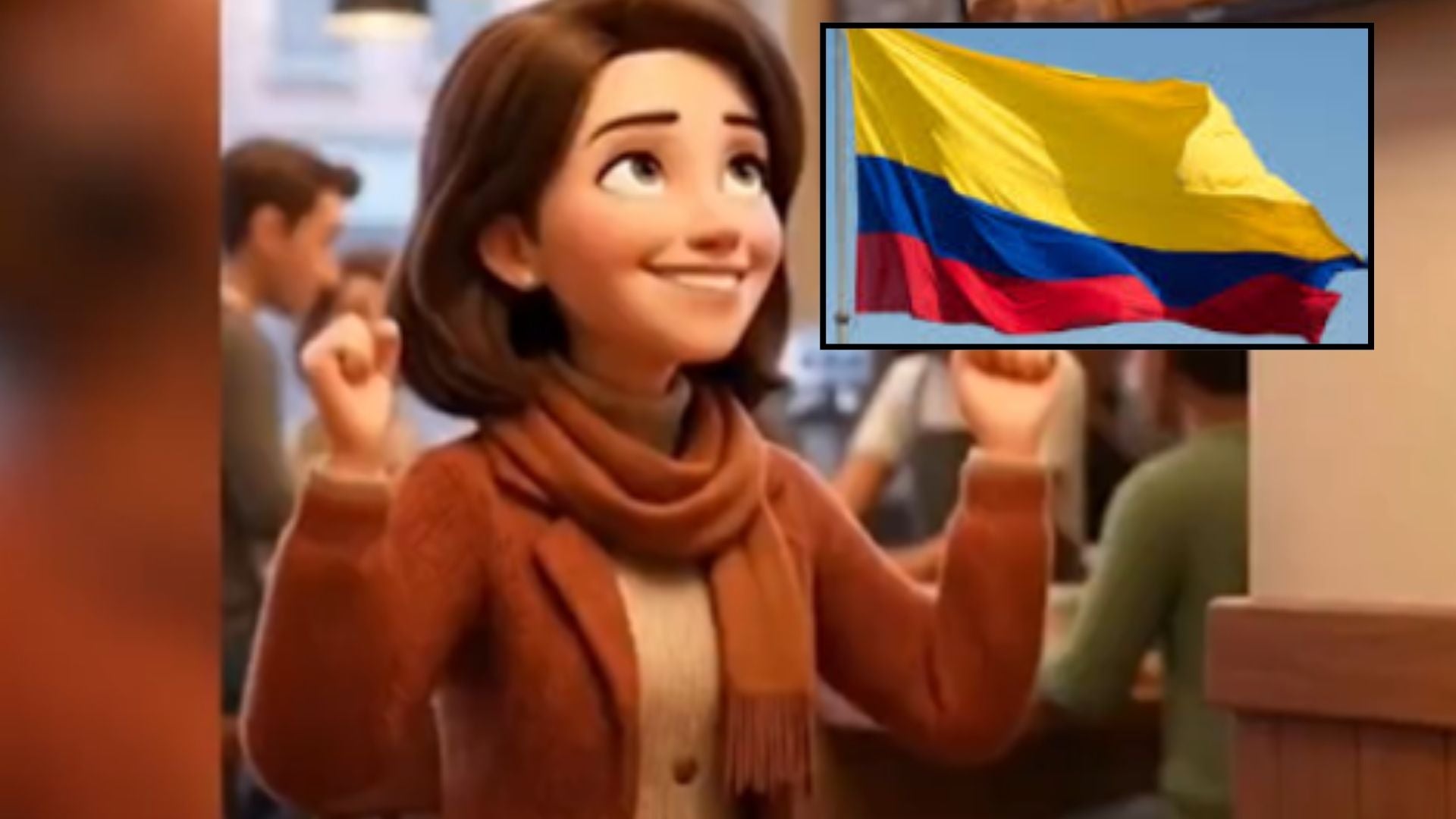 Dibujo animado de una mujer creado con IA / Bandera de Colombia: Fotos: X / Pexels