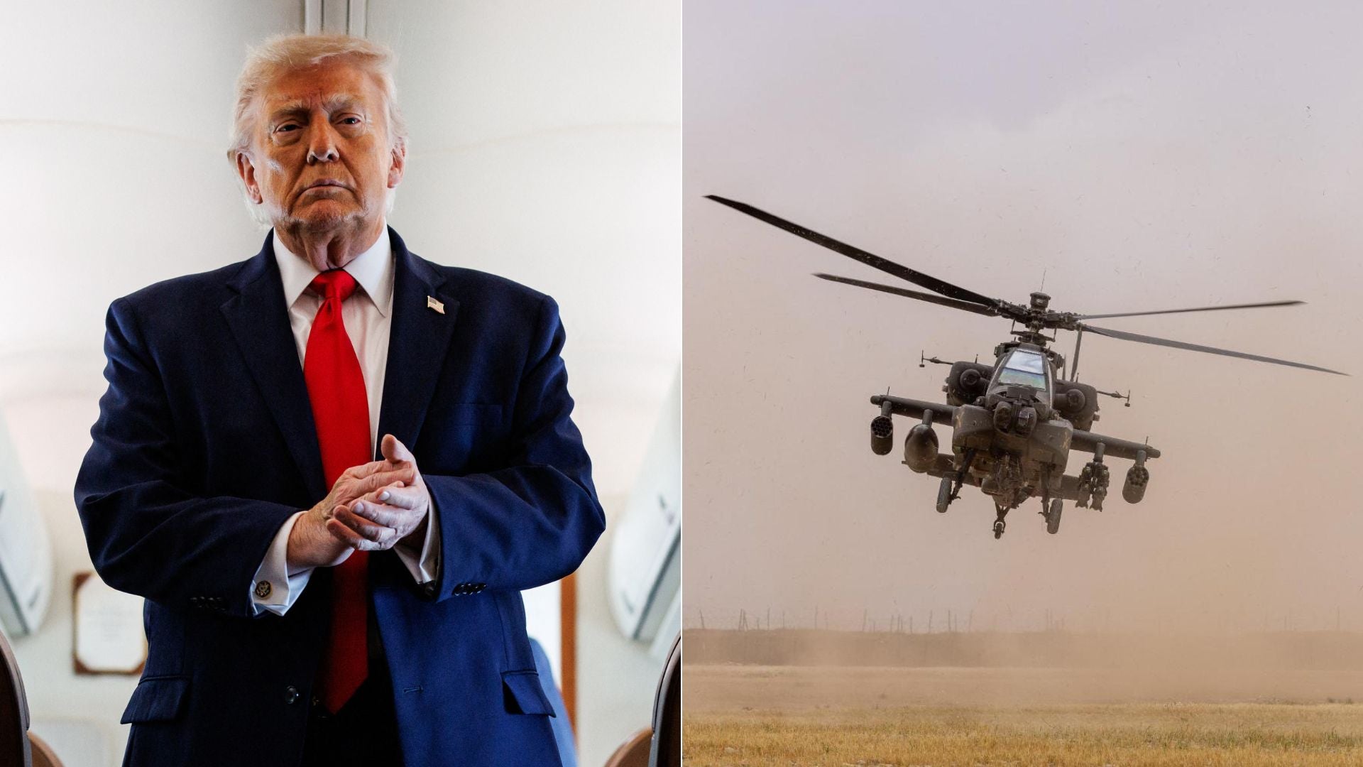 Donald Trump - Foto AFP/ AH-64 Apache - Foto X: @CENTCOM