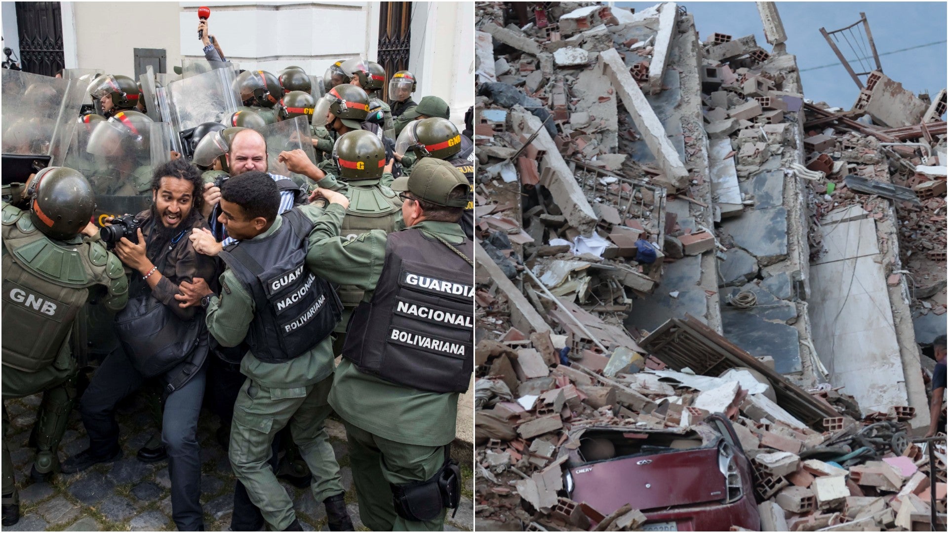 Integrantes de la GNB repririendo (año 2020) / Daños ocasionados por terremotos registrados en Venezuela - Fotos: EFE