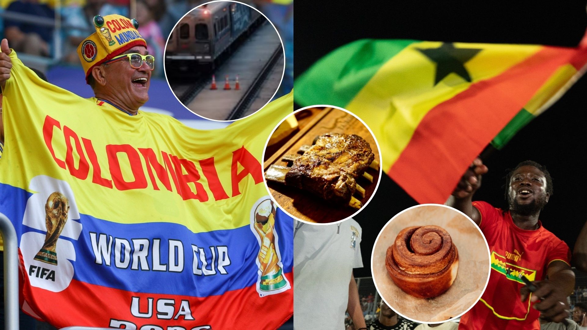 Hinchas de la selección Colombia y la selección de Ghana / Terminal ferroviaria, costilla ahumada y rollo de canela - Fotos de referencia: EFE / Pexels