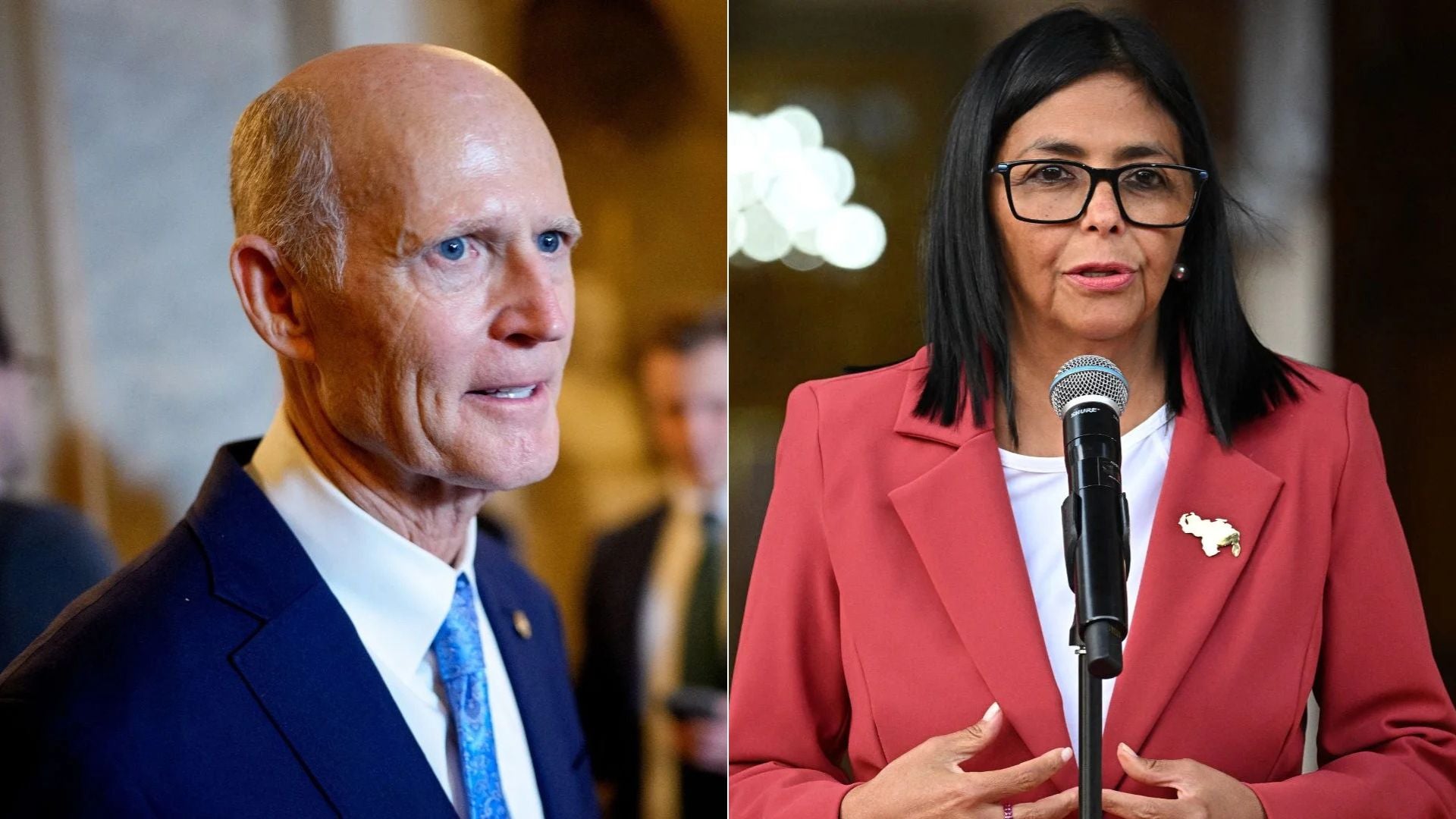 Rick Scott, senador estadounidense, y Delcy Rodríguez - Fotos: AFP