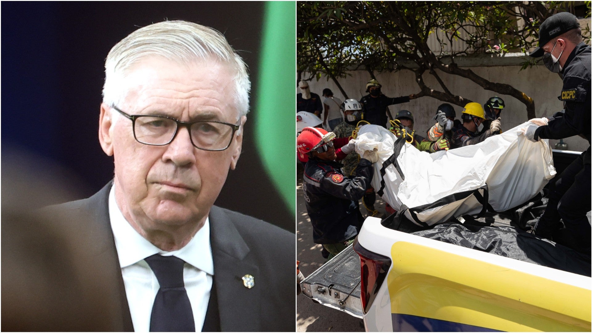 Carlo Ancelotti, DT de la selección de Brasil / Brigadistas trasladan el cuerpo de una víctima fatal tras los terremotos en La Guaira. Venezuela - Fotos: EFE