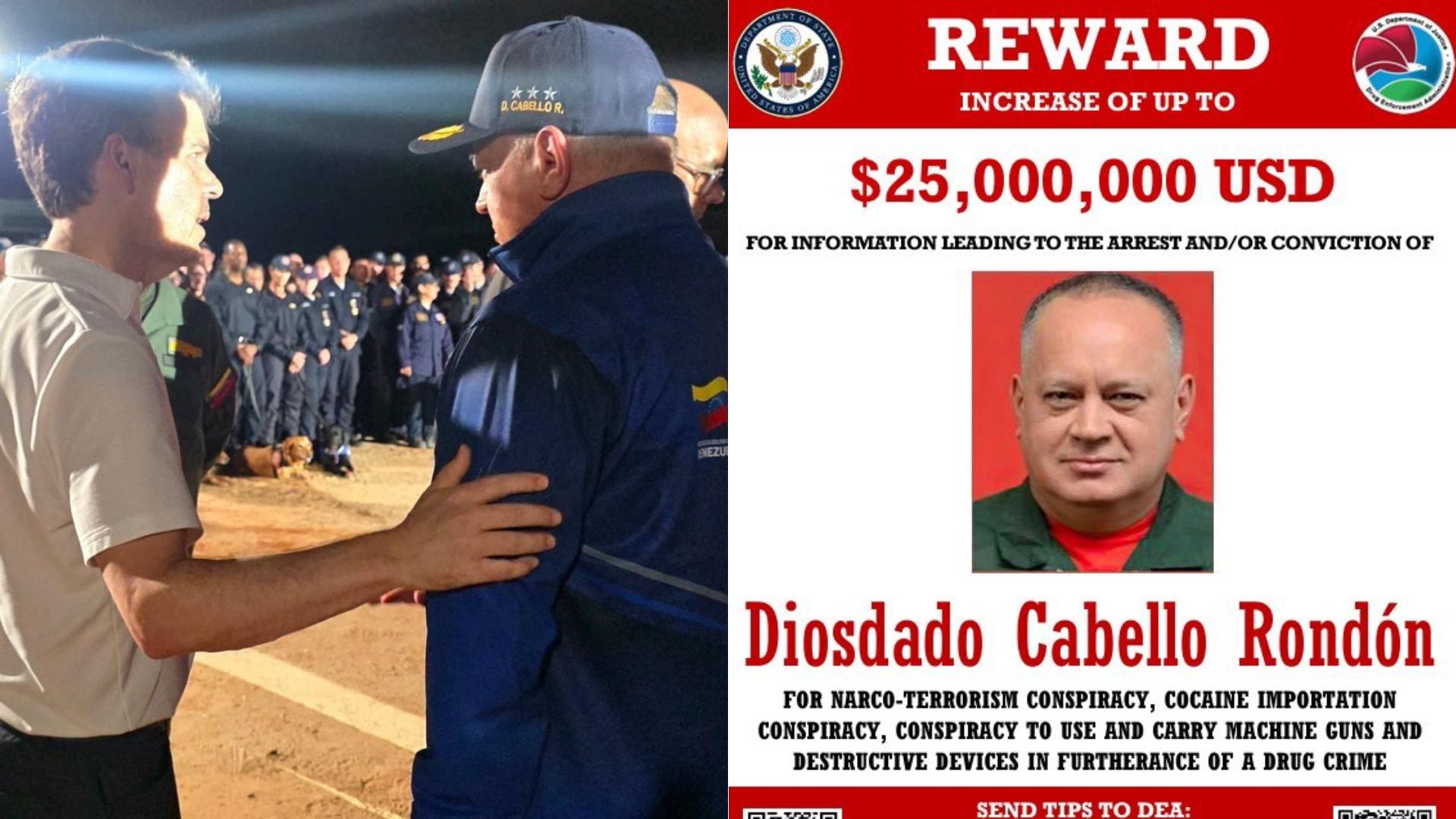 Fotos: John Barrett junto a Diosdado Cabello/ Afiche de la DEA