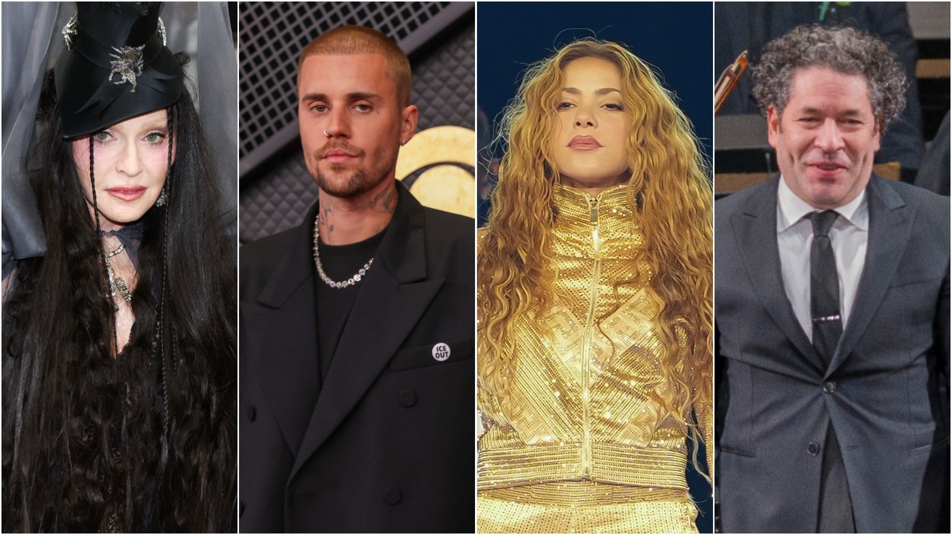 Cantantes: Madonna, Justin Bieber, Shakira / Gustavo Dudamel, director de orquesta - Fotos: EFE