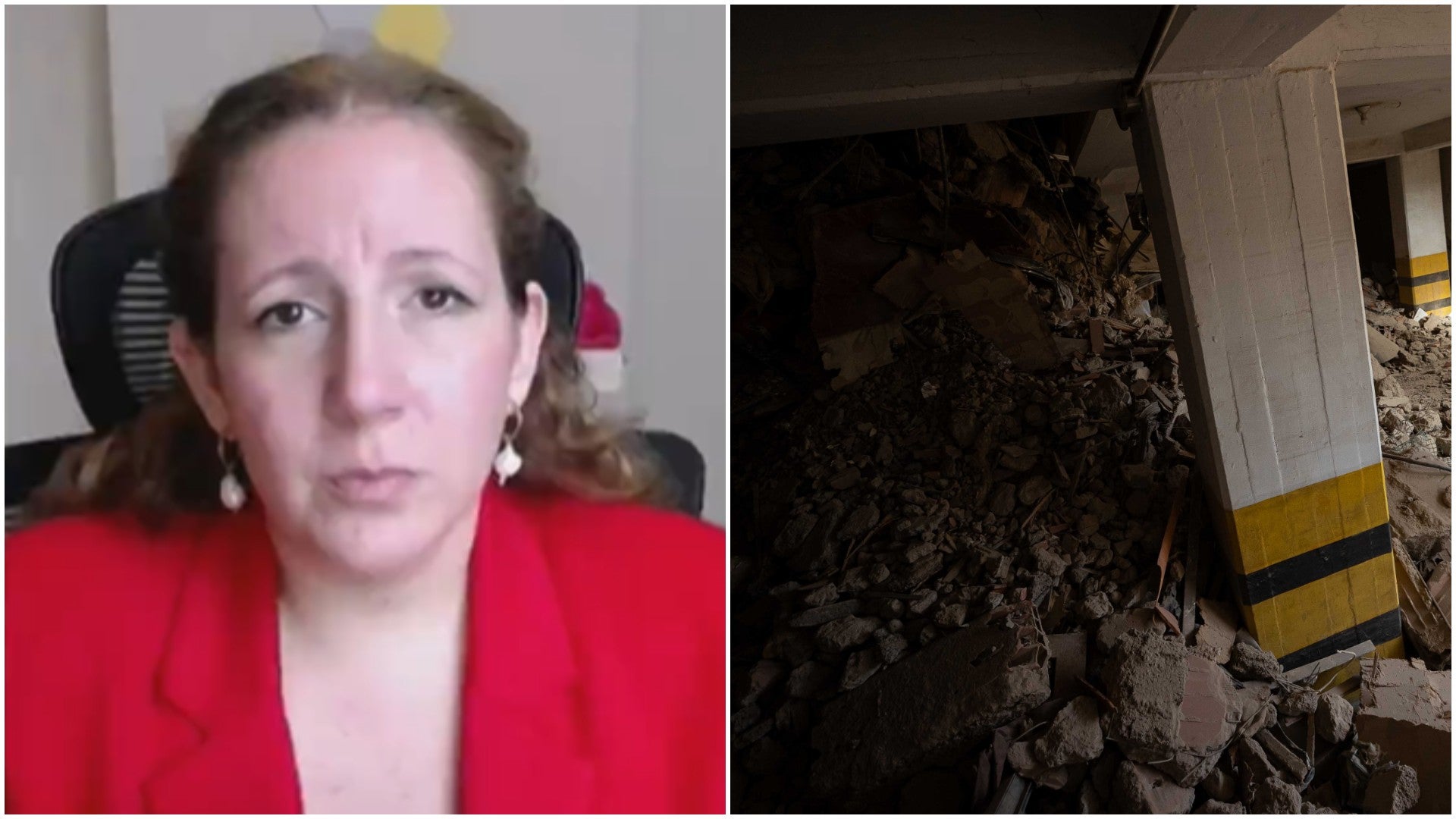 Valentina Ballesta, directora de Investigación de Amnistía Internacional para las Américas / Ruinas de un sótano colapsado en La Guaira tras el doble terremoto registrado en Venezuela - Fotos: NTN24 / EFE