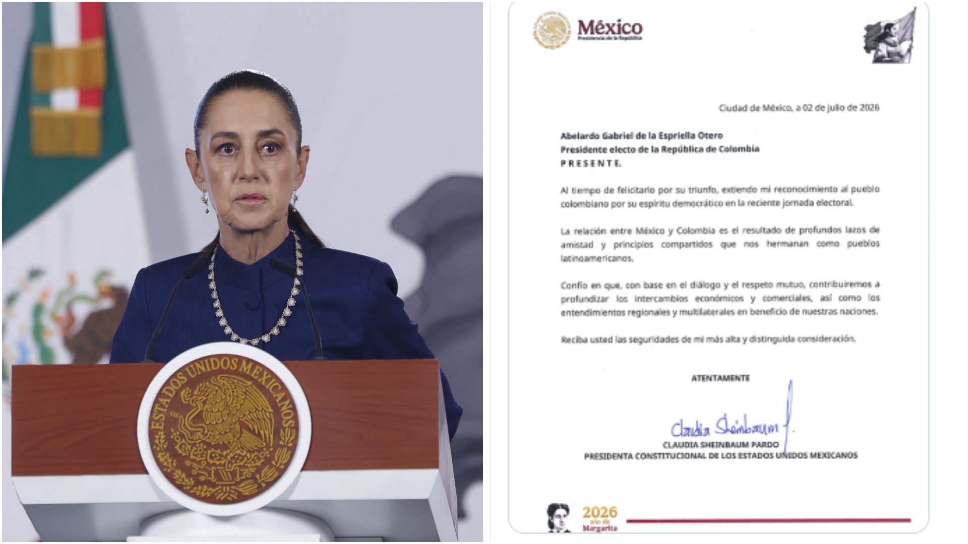Claudia Sheinbaum, presidente de México / Carta enviada por la Presidencia de México al presidente electo de Colombia, Abelardo De La Espriella - Fotos: EFE / X