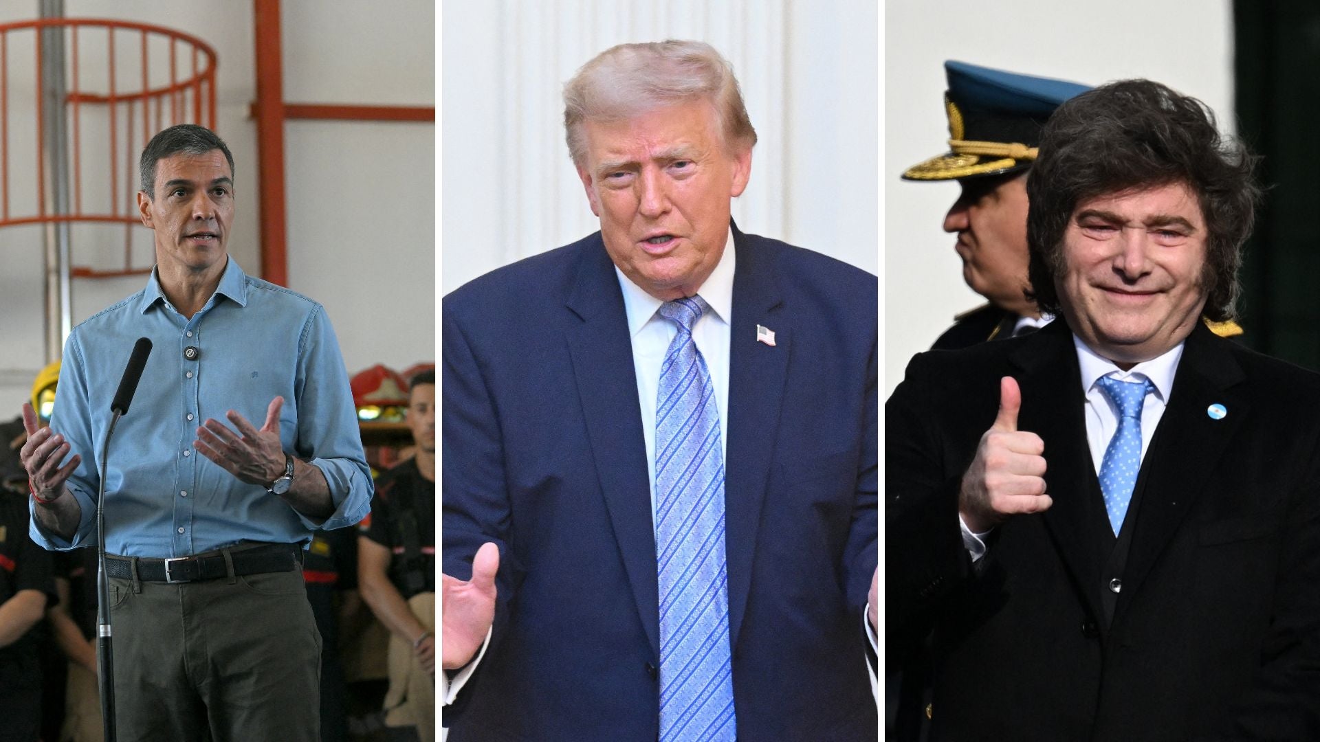 Los presidentes Pedro Sánchez, Donald Trump y Javier Milei-Fotos: EFE/AFP