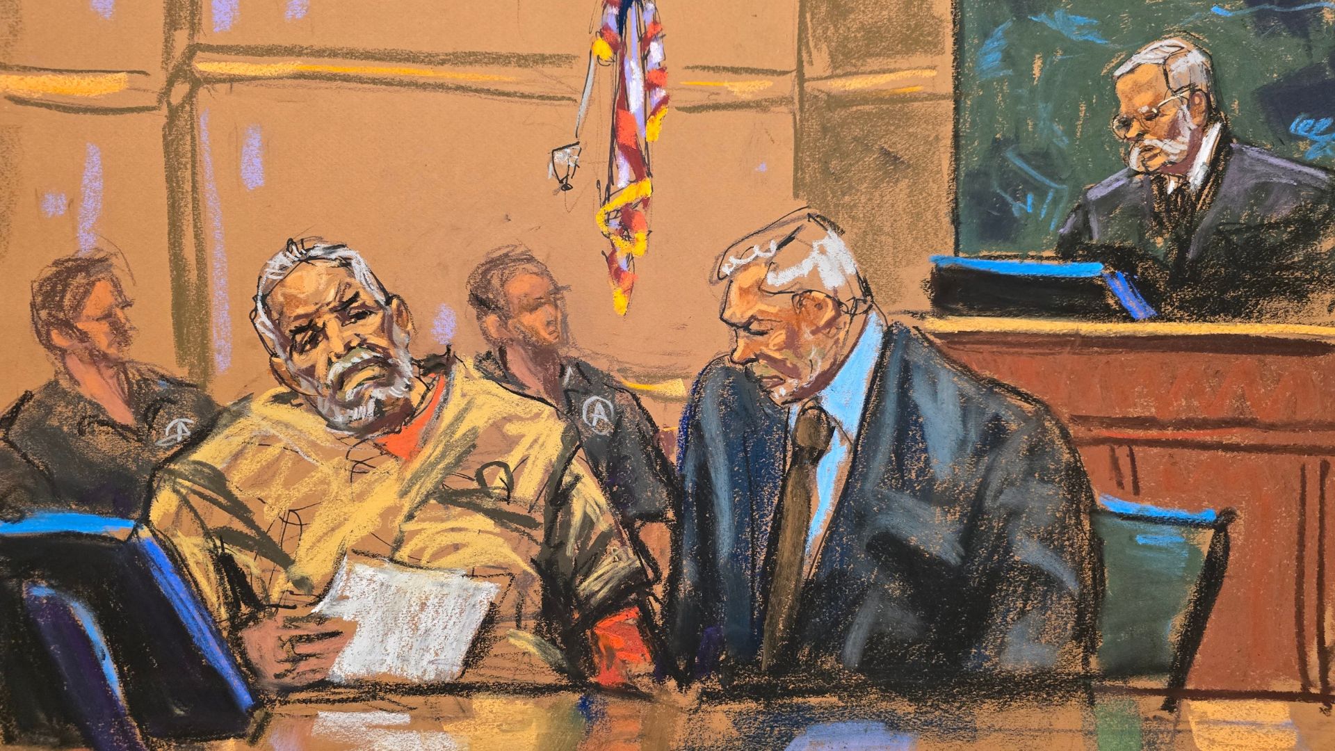 Dibujo realizado por la artista Jane Rosenberg donde aparece el narcotraficante mexicano Ismael 'El Mayo' Zambada (i), el abogado Frank A. Pérez (c); y el juez a cargo del caso, Brian Cogan-Foto: EFE