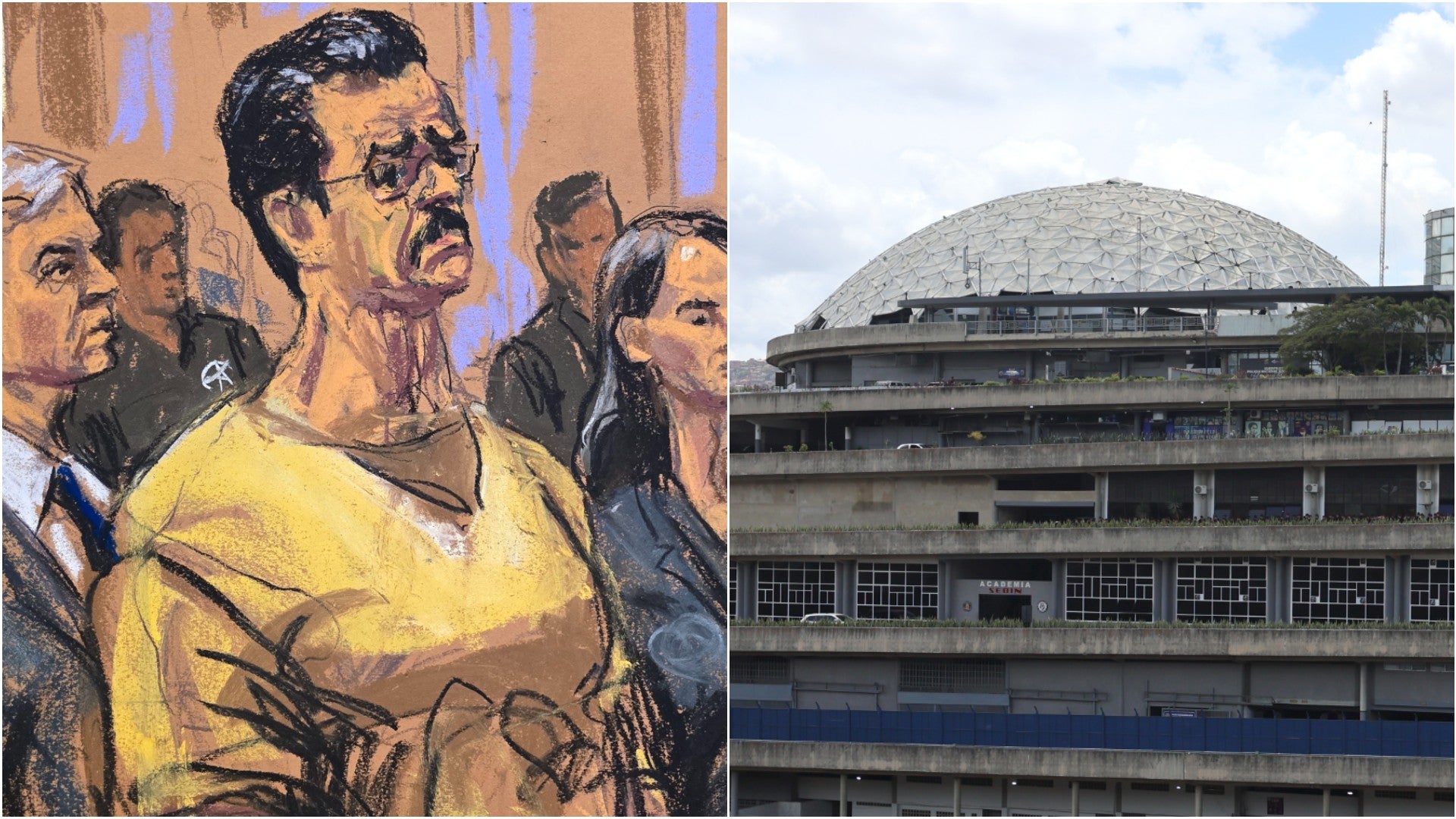 Boceto de Nicolás Maduro, dictador venezolano / El Helicoide, centro de tortura de la dictadura venezolana - EFE