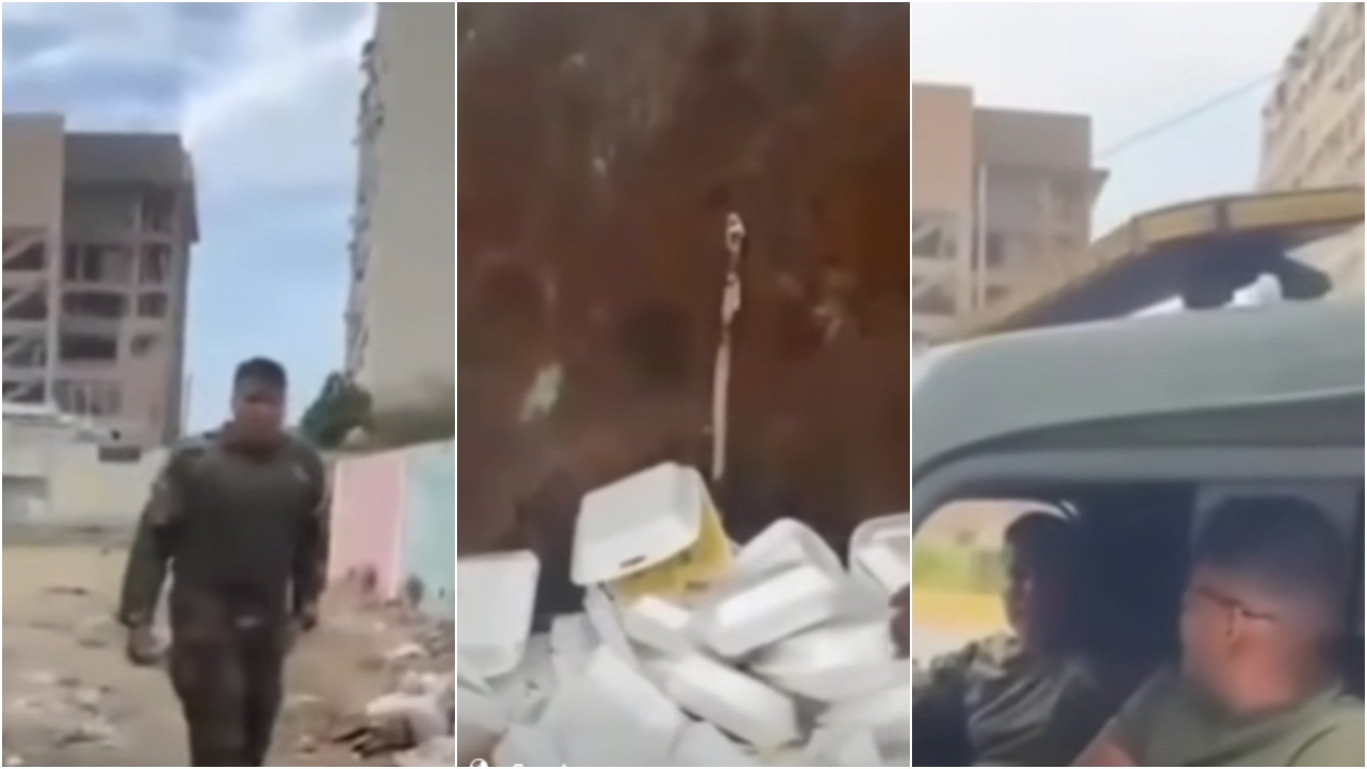 Guardias nacionales botando cargamento de comida en un contenedor de basura en Venezuela - Fotos: Facebook