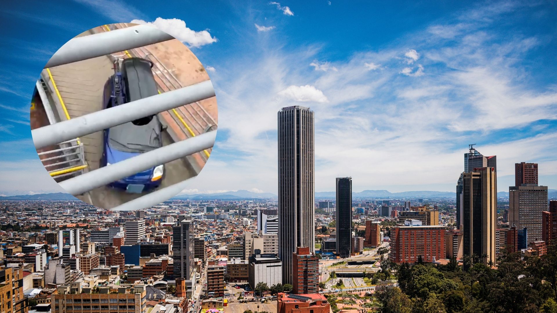 Inmovilizado el carro azul que intentó subir un puente peatonal - Canva y redes sociales