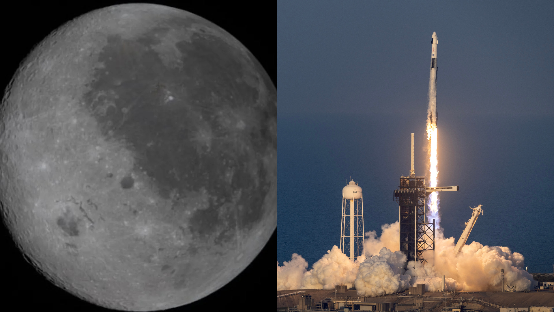 Luna y Cohete Falcon 9 de SpaceX | Foto: NASA y EFE
