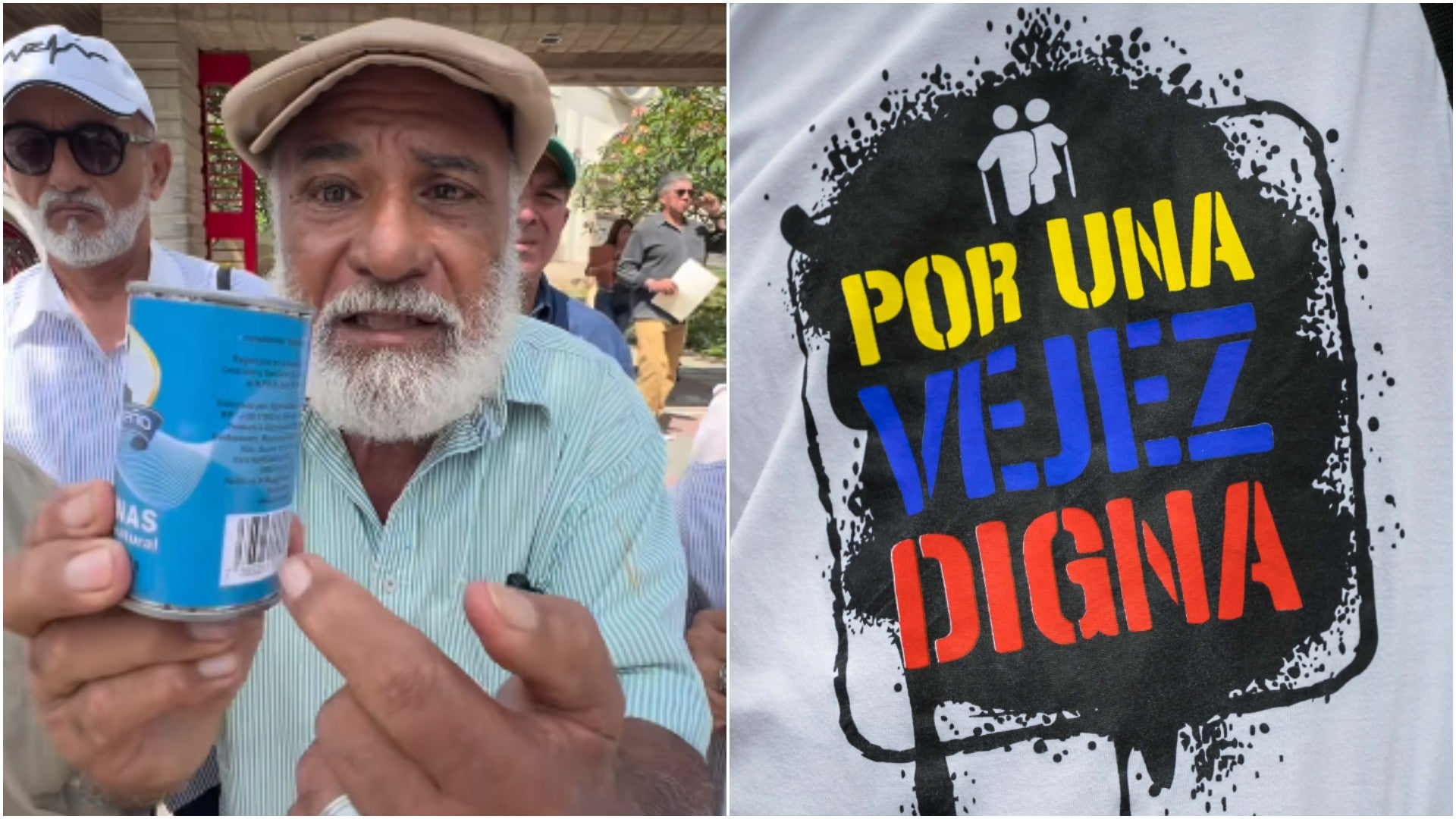 Adulto mayor explicando lo que puede comprar con su pensión de docente en Venezuela / Camiseta con el escrito: 'Por una vejez digna' - Fotos: Instagram / EFE