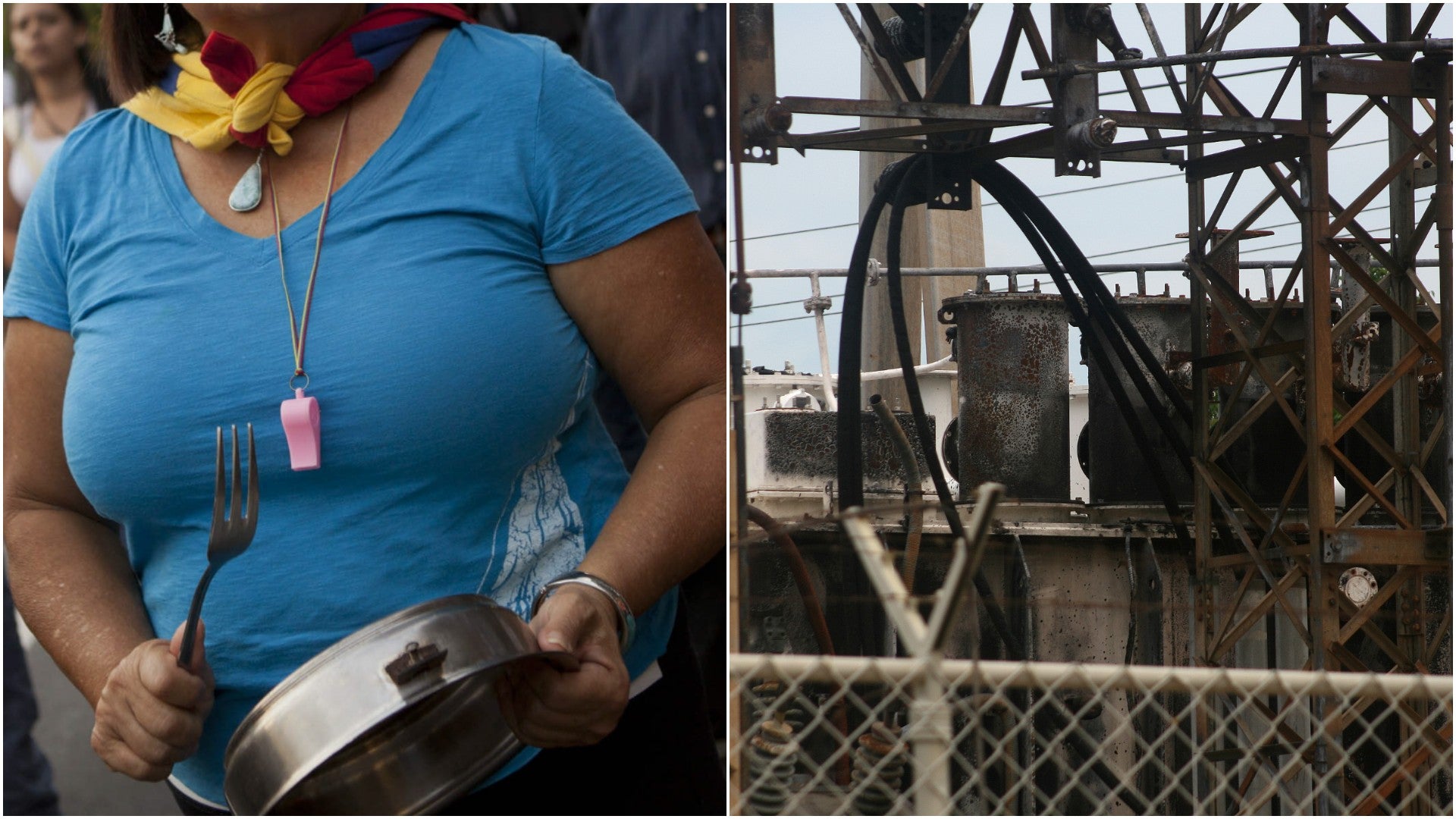 Mujer protesta a través de un cacerolazo / Subestación eléctrica en Venezuela - Fotos: EFE