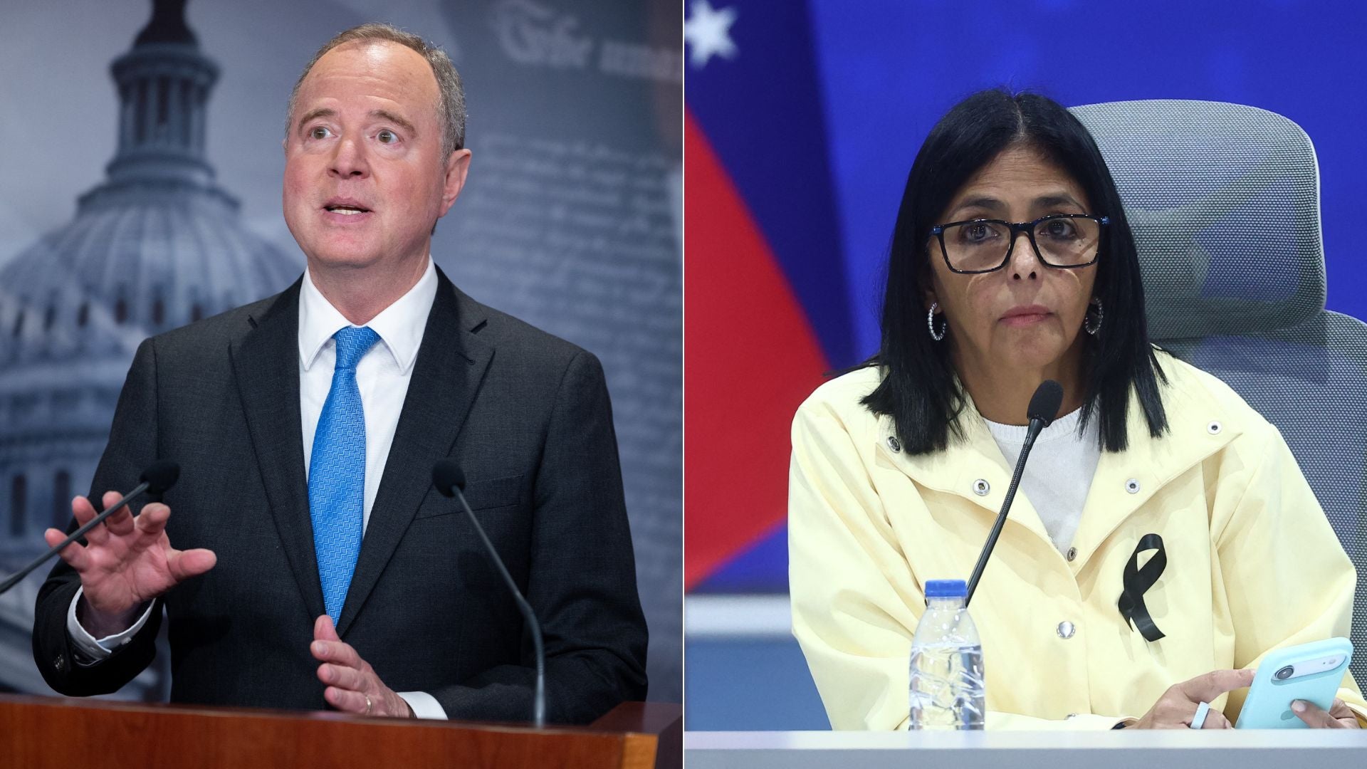 Adam Schiff, senador demócrata de EEUU y Delcy Rodríguez - Fotos: AFP