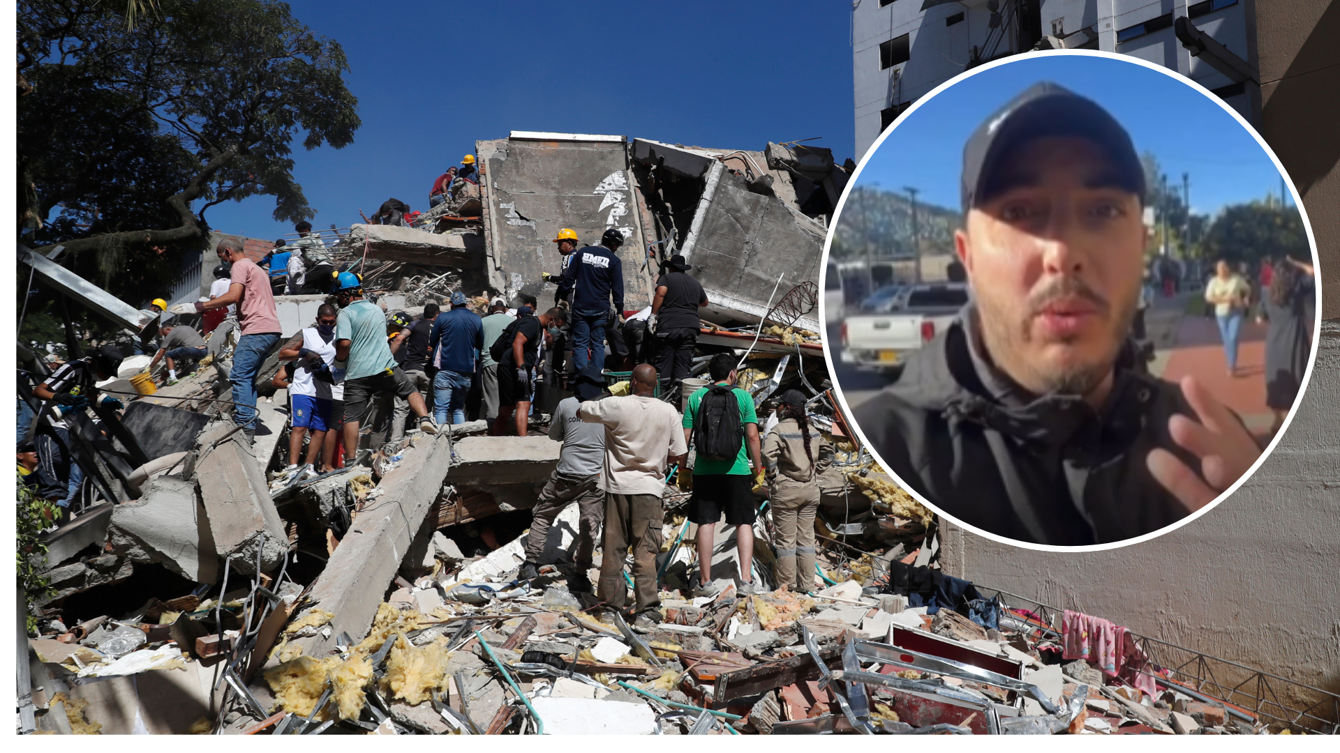 Personas trabajan en labores de rescate en una edificación colapsada por el terremoto de magnitud 7,4 que sacudió a Colombia / Ciudadano colombiano - Fotos: EFE / X
