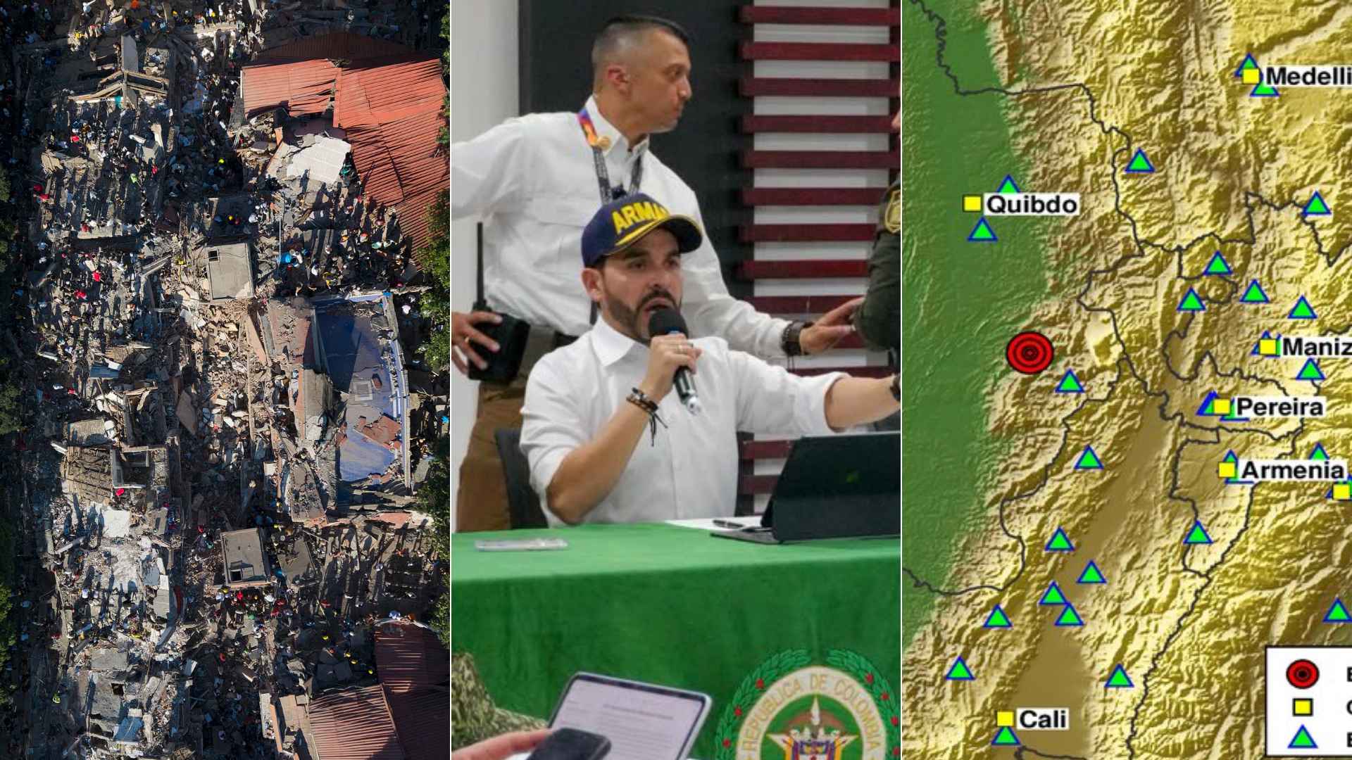 Terremoto en Colombia - Foto AFP/ Abelardo de la Espriella - Foto EFE/ Mapa terremoto - Foto X: @SGCOL