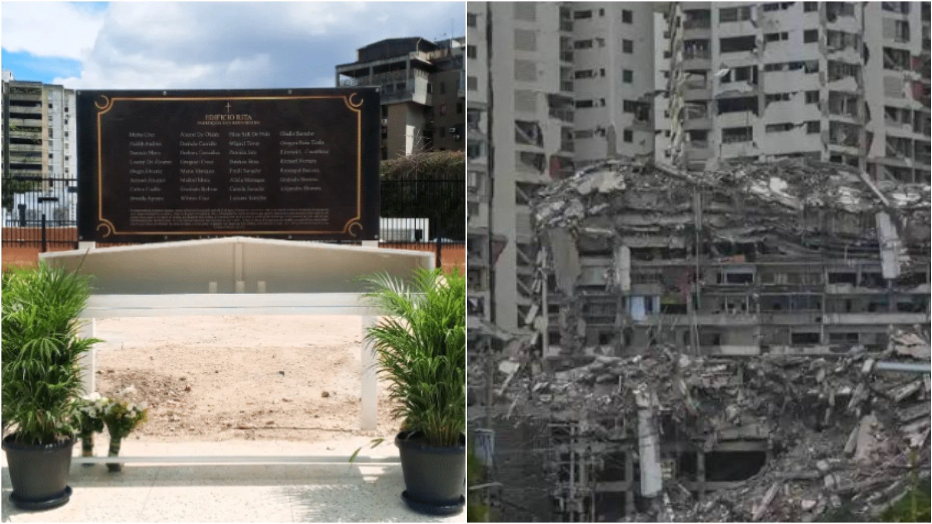 Placa en memoria de las 31 víctimas del colapso del edificio Rita en Caracas / Edificio Rita (Caracas) tras devastador doblete sísmico - Fotos: X