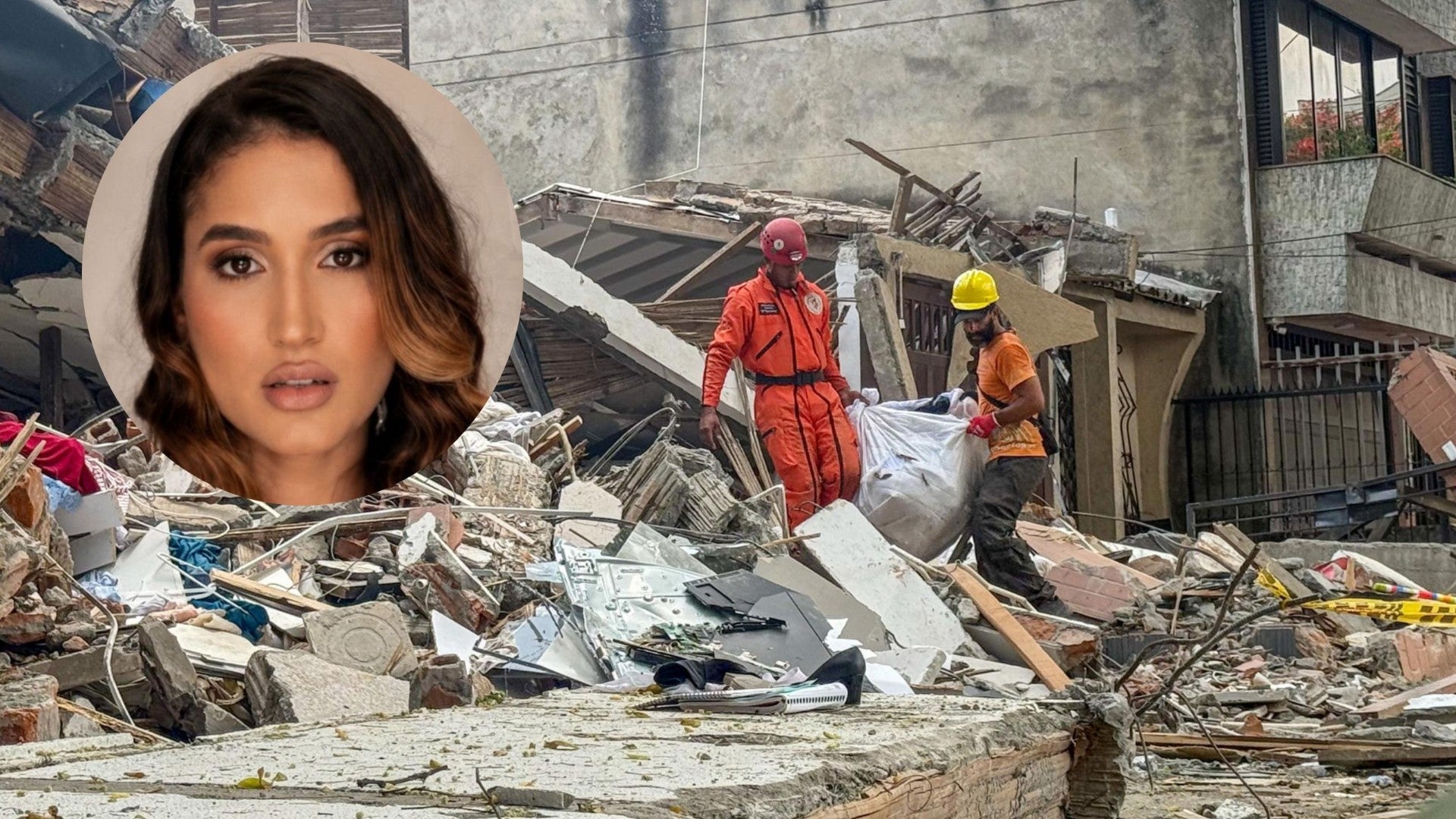 La influenciadora Catalina Ortiz y escombros en Cali. (EFE y redes)