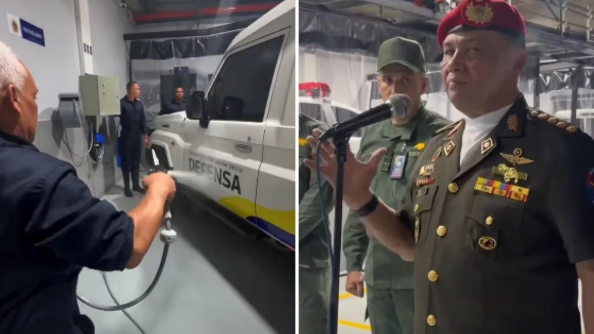 Hombre lavando una unidad de la GNB / Gustavo González López, ministro de Defensa del régimen venezolano - Fotos: X