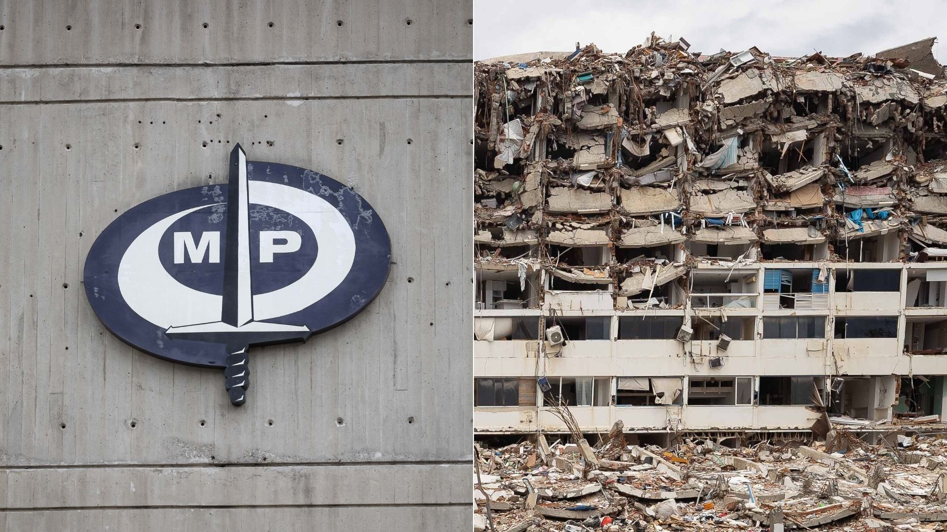 Fotografía que muestra el logo del Ministerio Público de Venezuela / Edificio colapsado por los terremotos en La Guaira (Venezuela) - EFE
