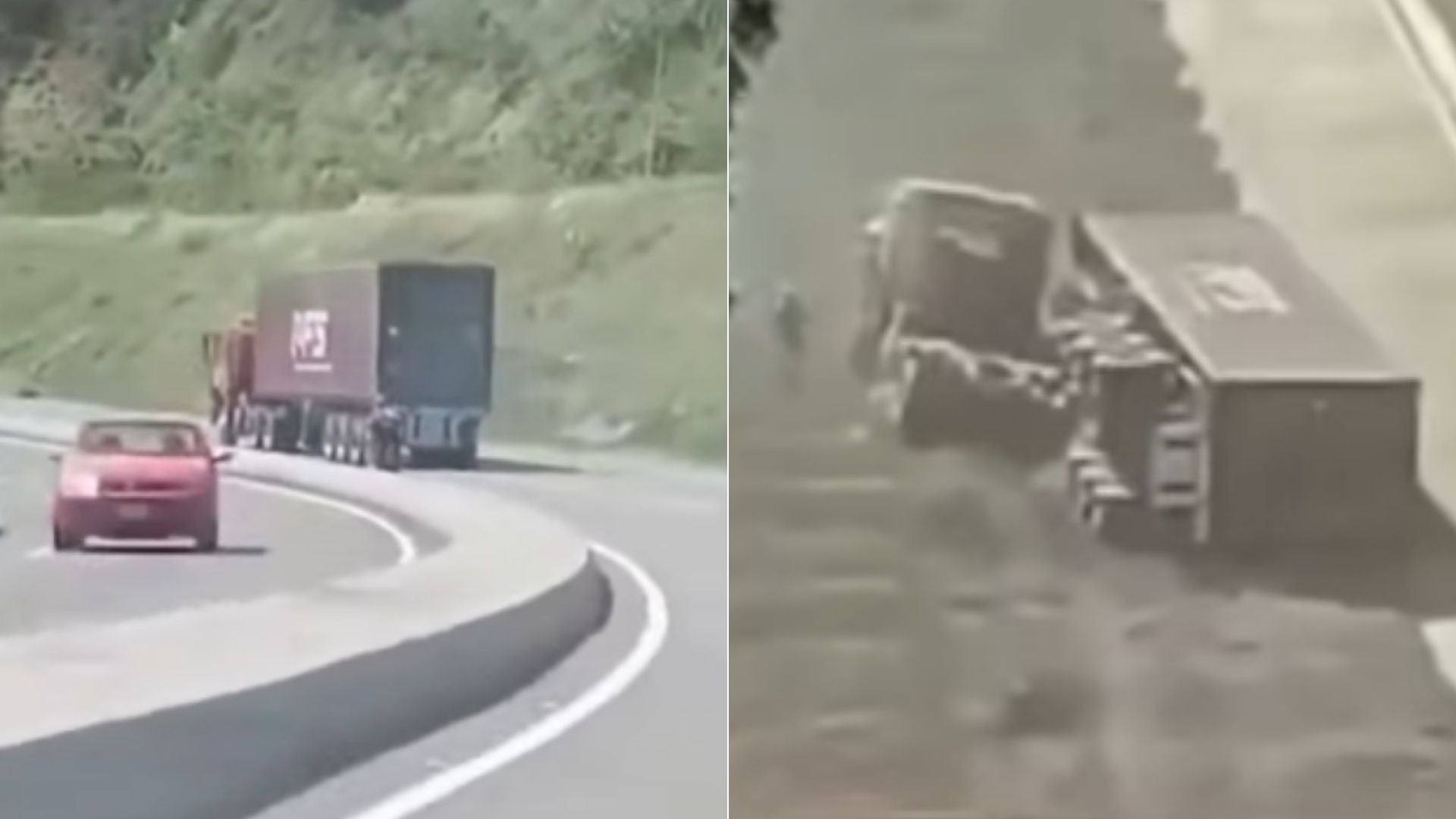 Gandola sin frenos volcó en rampa de la autopista Caracas - La Guaira - Fotos: X
