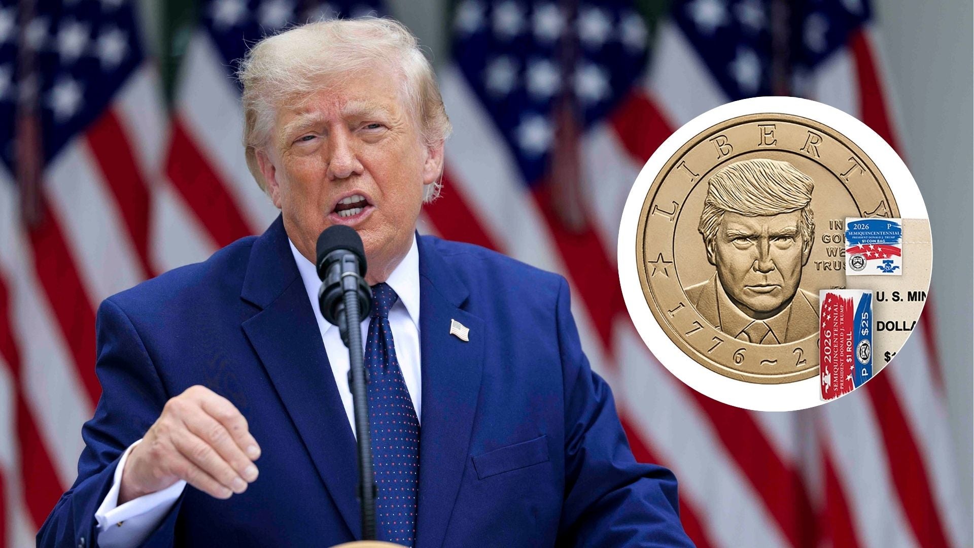 Donald Trump, presidente de Estados Unidos, y moneda de 1 dólar - Fotos: EFE