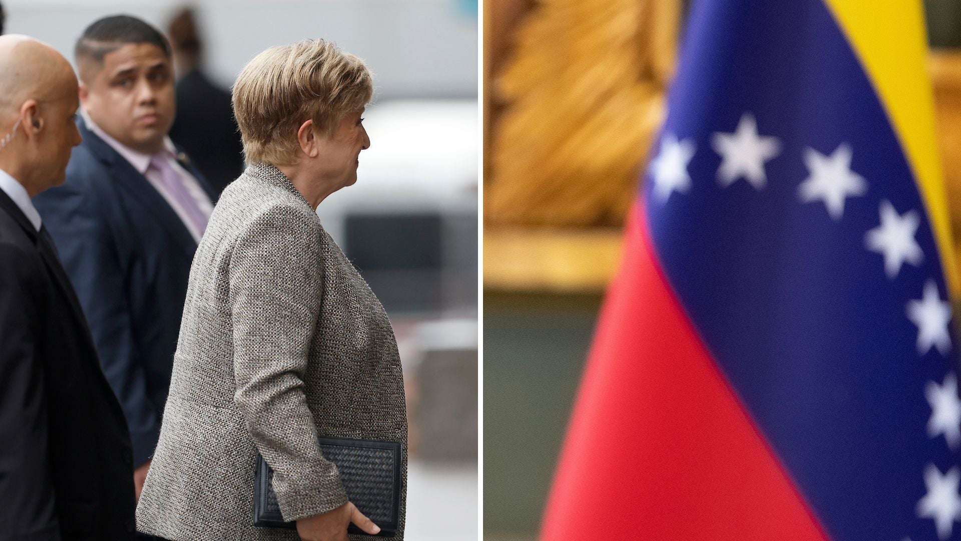 Kristalina Georgieva, directora gerente del Fondo Monetario Internacional (FMI), junto a sus escoltas / Bandera de Venezuela - Fotos de referencia: EFE