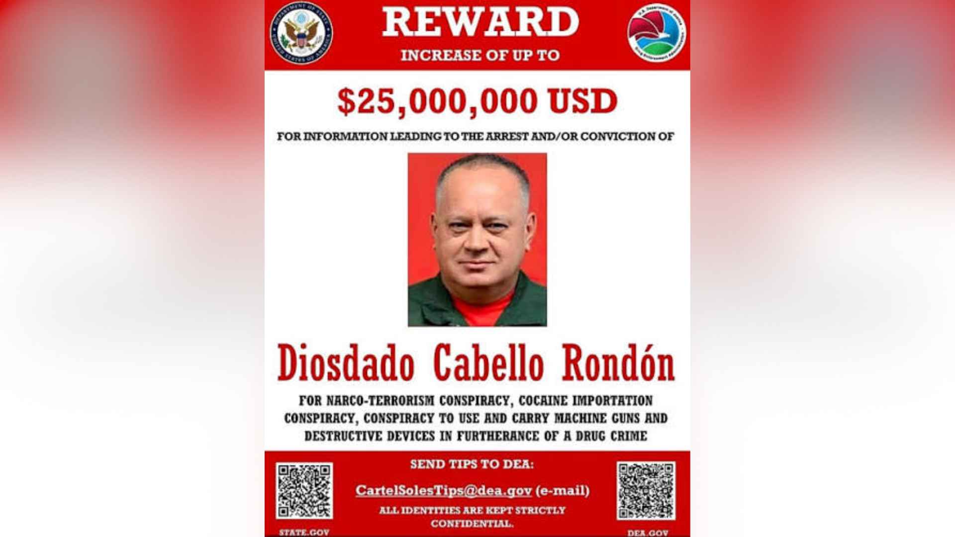 Afiche recompensa por Diosdado Cabello - Foto: Departamento de Estado de EE. UU.