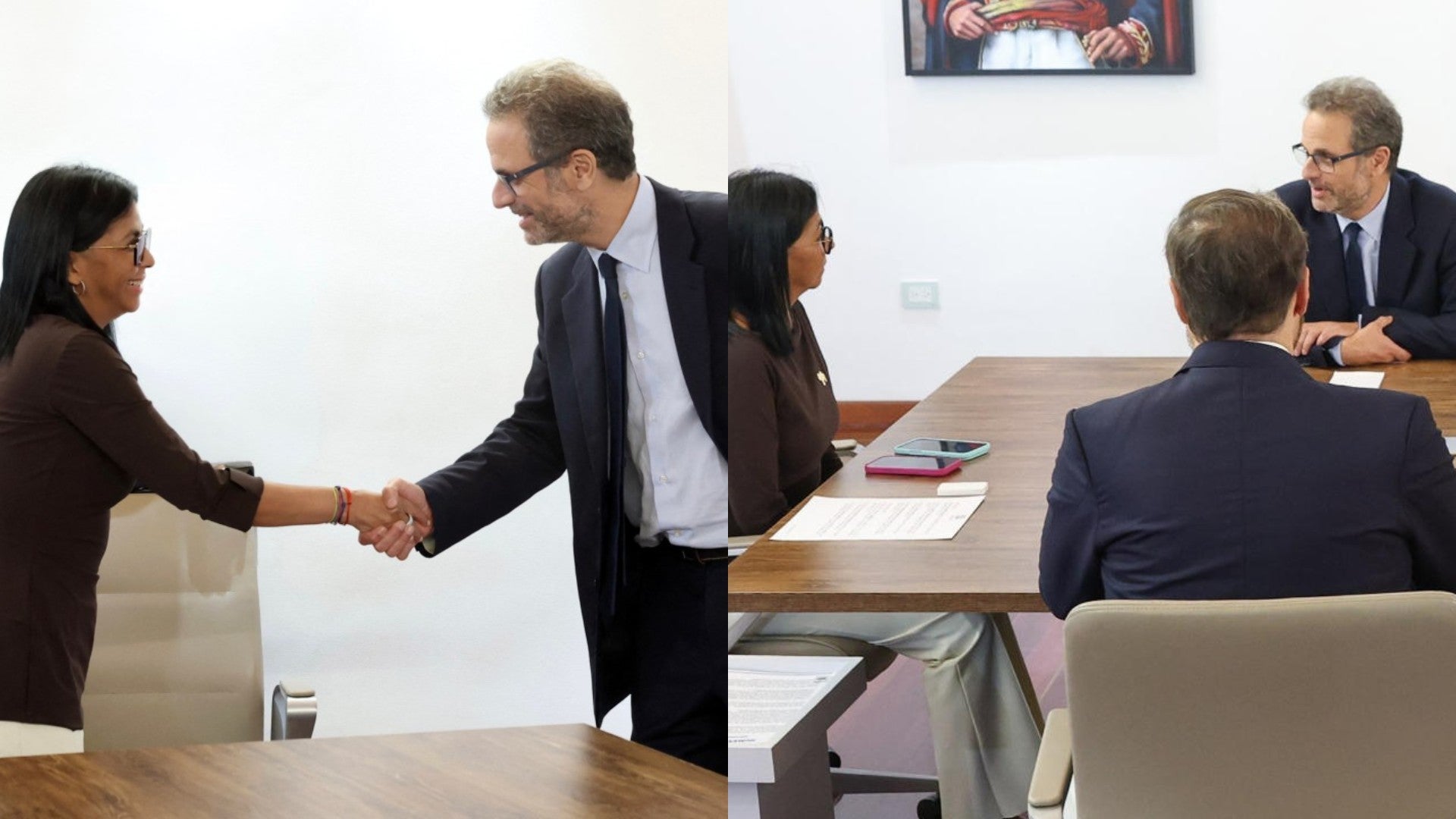 Encuentro de Delcy Rodríguez con subdirector ejecutivo de HRW, Federico Borello (EFE y AFP)