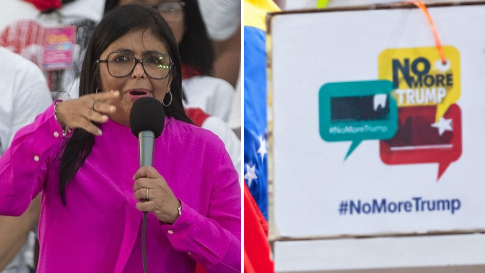 Delcy Rodríguez, jefe encargada del régimen venezolano / Campaña del régimen chavista: 'No more Trump' - Fotos de EFE y X