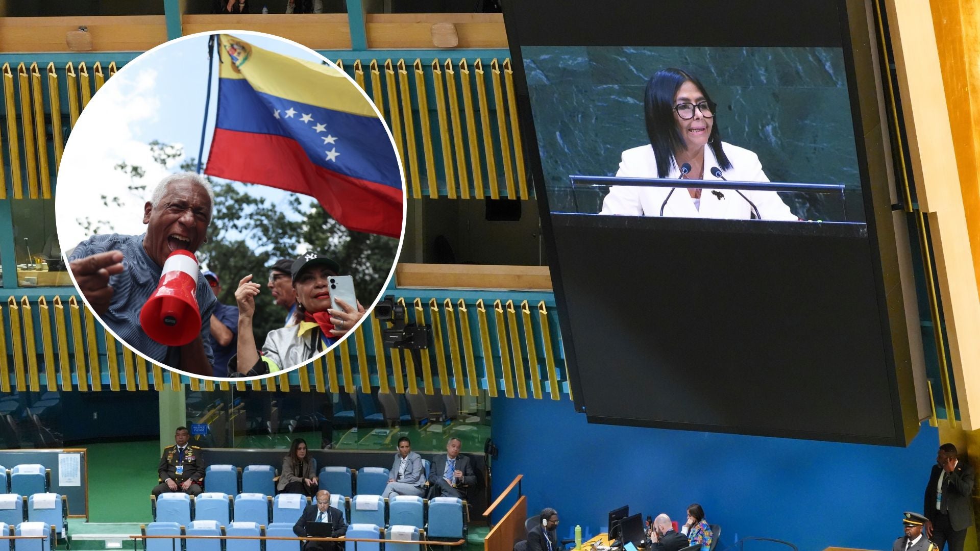 Trabajadores protestan en Caracas (Venezuela) / Delcy Rodríguez habla en la Asamblea General de la ONU - Fotos: EFE