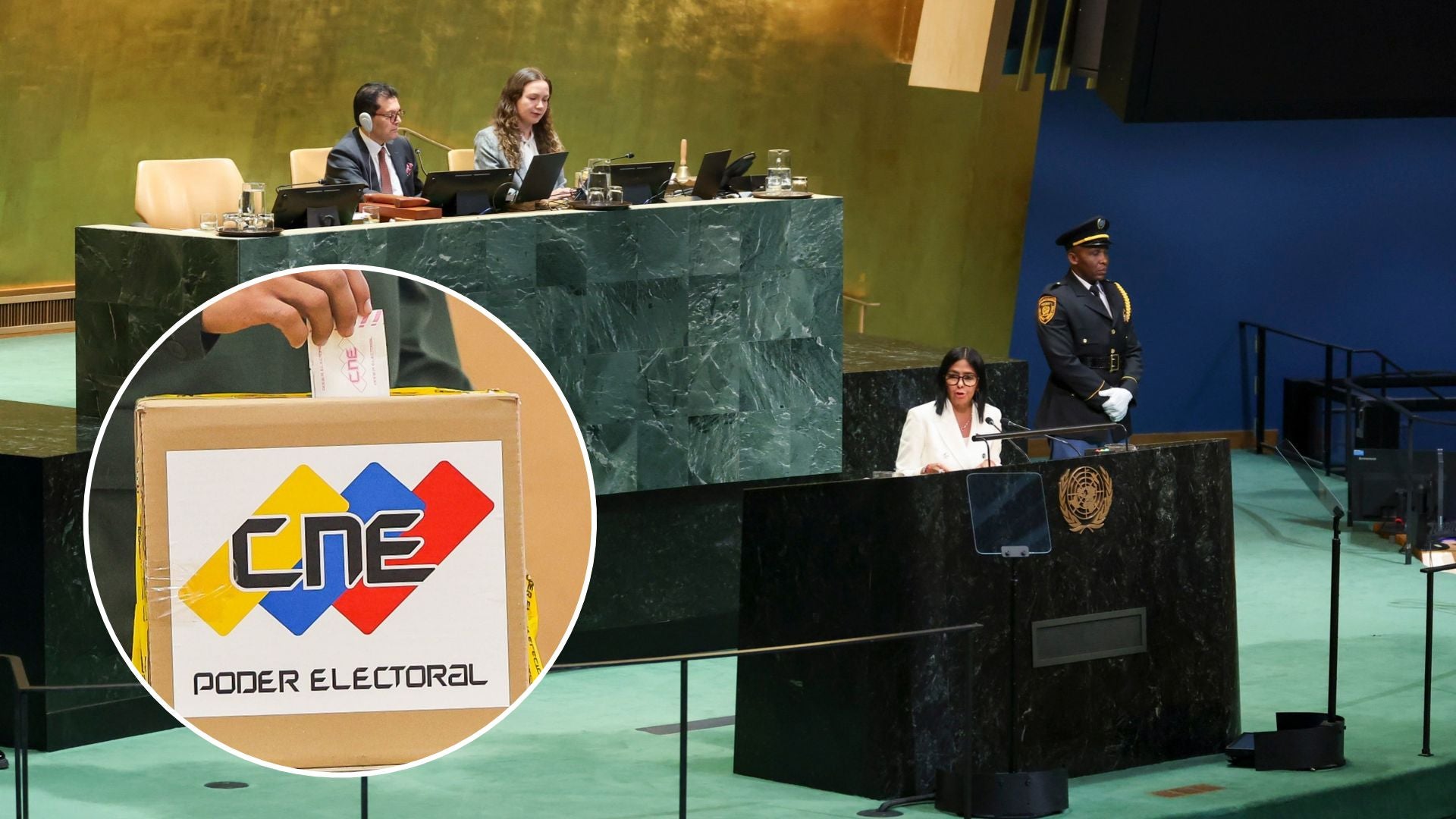 Persona vota en un centro electoral de Venezuela / Delcy Rodríguez habla en la Asamblea General de la ONU - Fotos de referencia: EFE