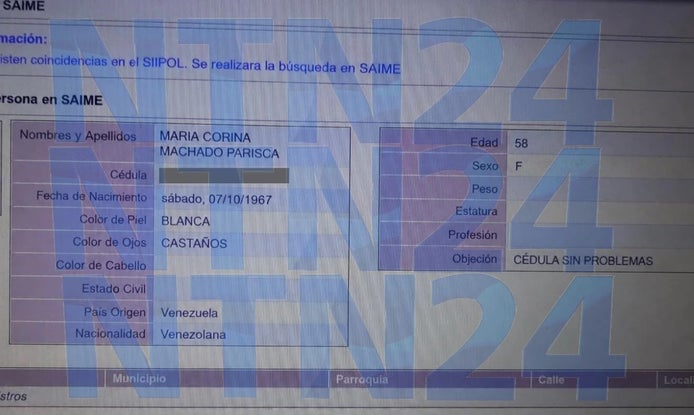 Documento del Saime sobre María Corina Machado obtenido por NTN24