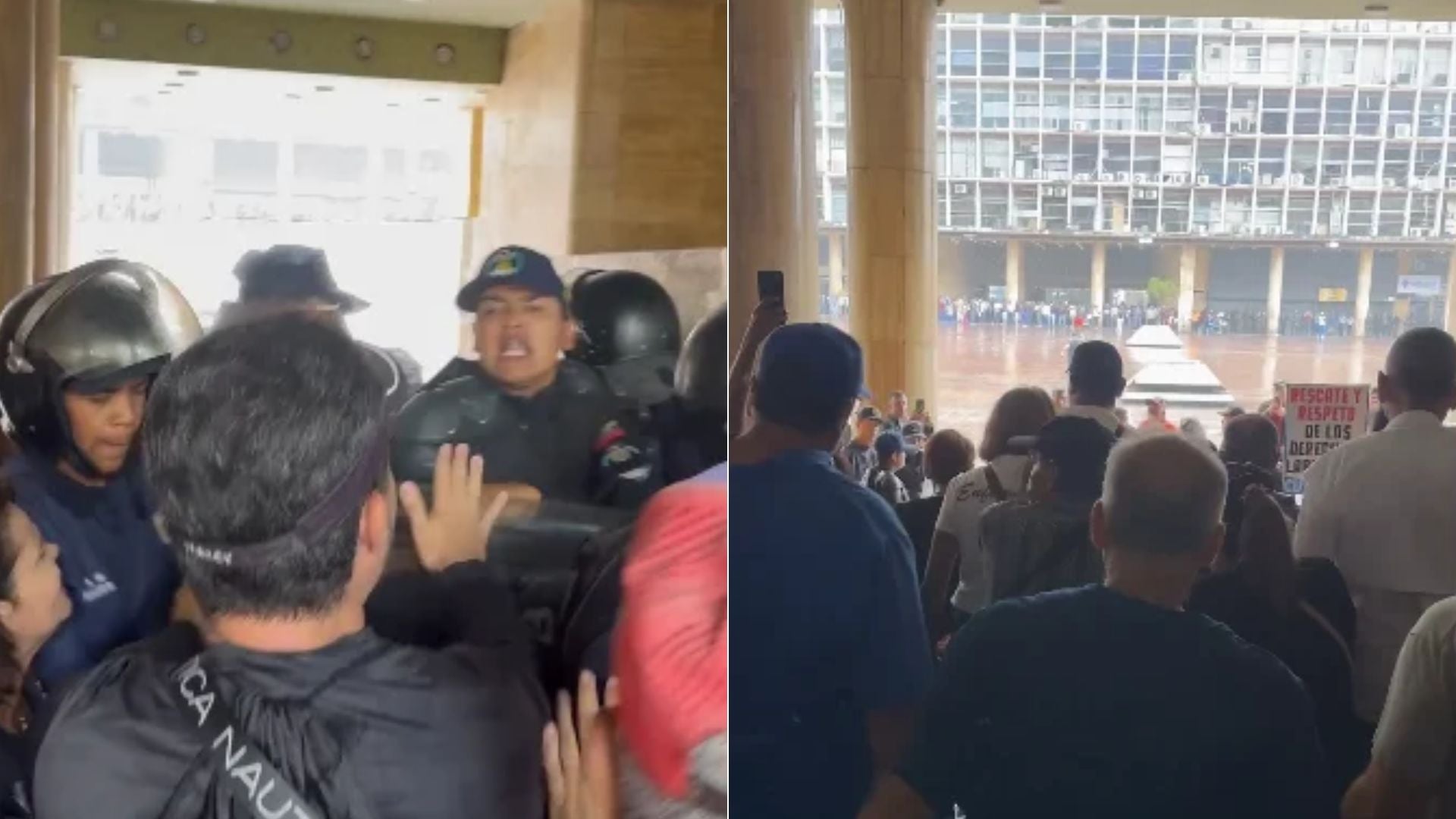 Funcionarios del régimen venezolano / Trabajadores venezolanos protestan - Fotos: X