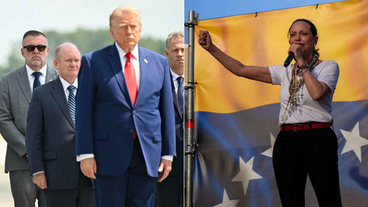 Chris Coons y Donad Trump/ María Corina Machado - Fotos AFP